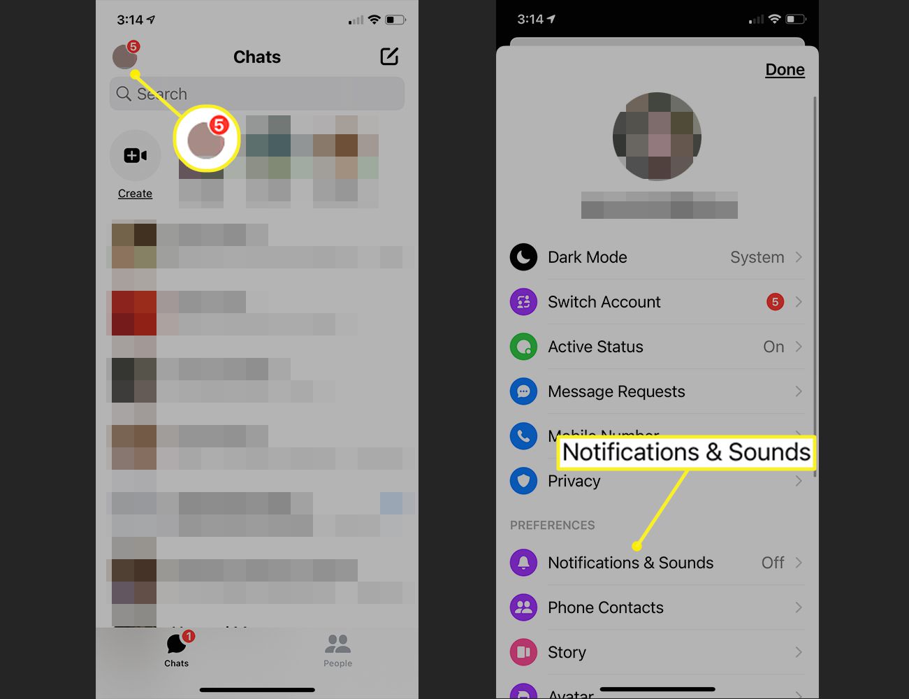 Mobilní aplikace Messenger zobrazující Nastavení