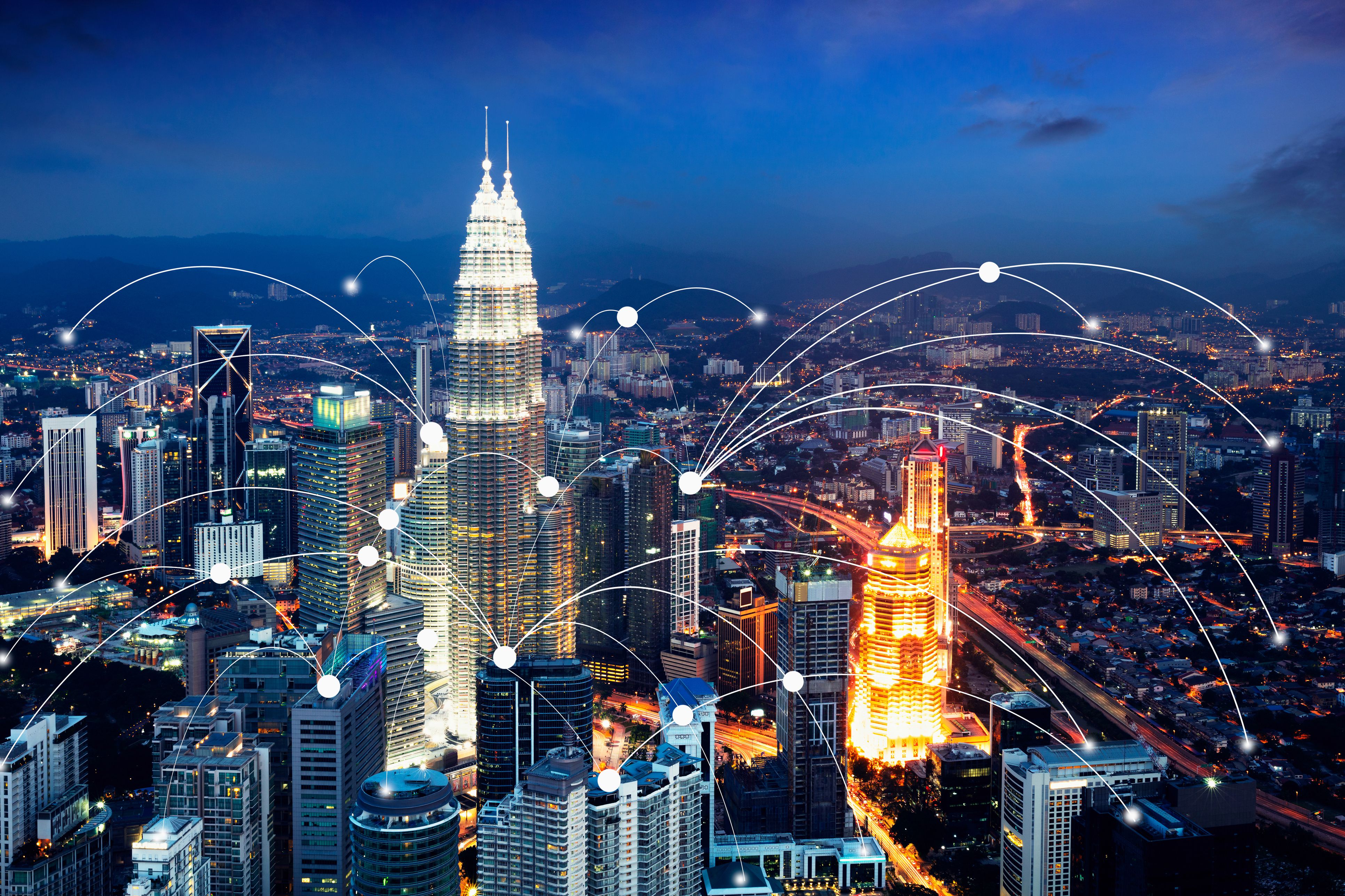 Ikona WiFi a město stvol koncept připojení k síti, Smart City