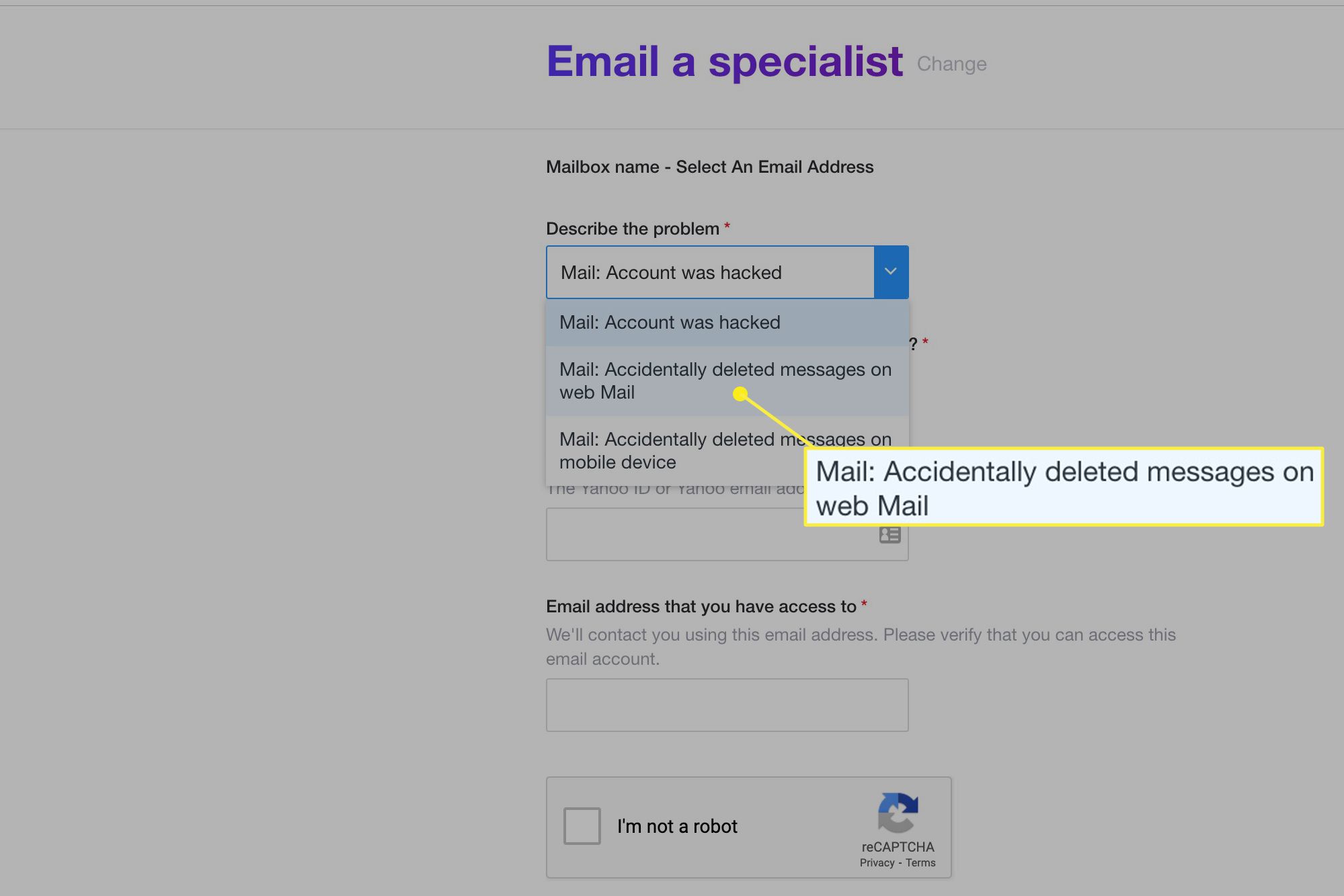 Yahoo Mail - stránka „Zaslat e-mail specialistovi“