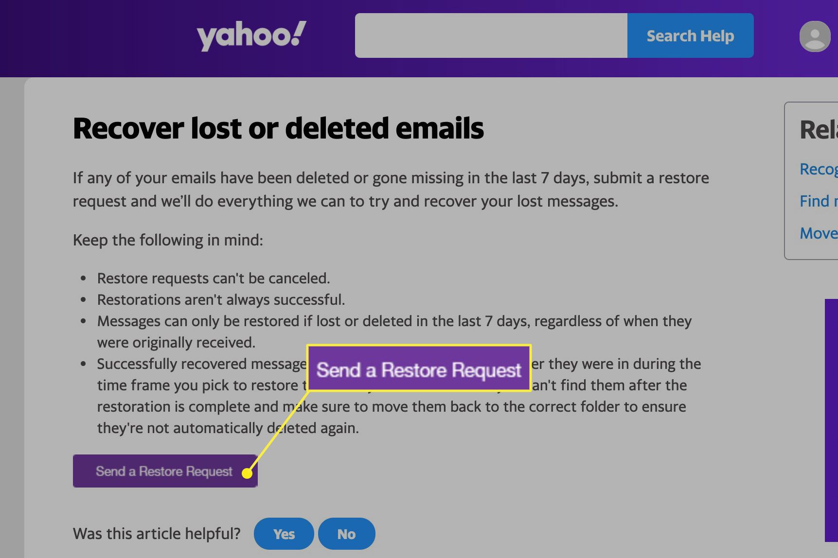 Yahoo Mail Odeslat stránku s požadavkem na obnovení