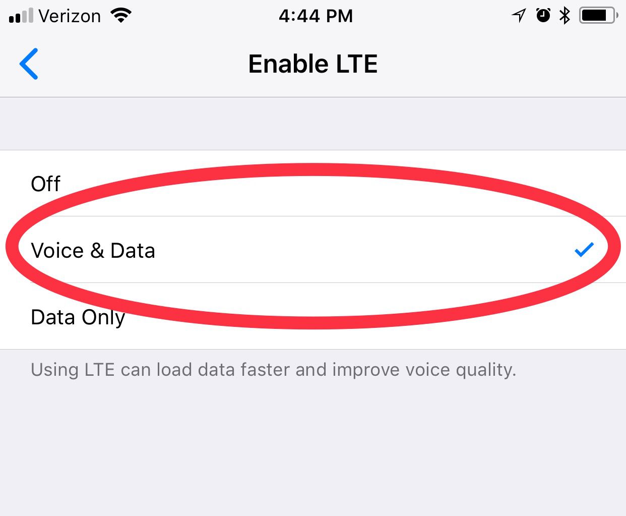 Zde je nastavení umožňující volání VoLTE v systému iOS.