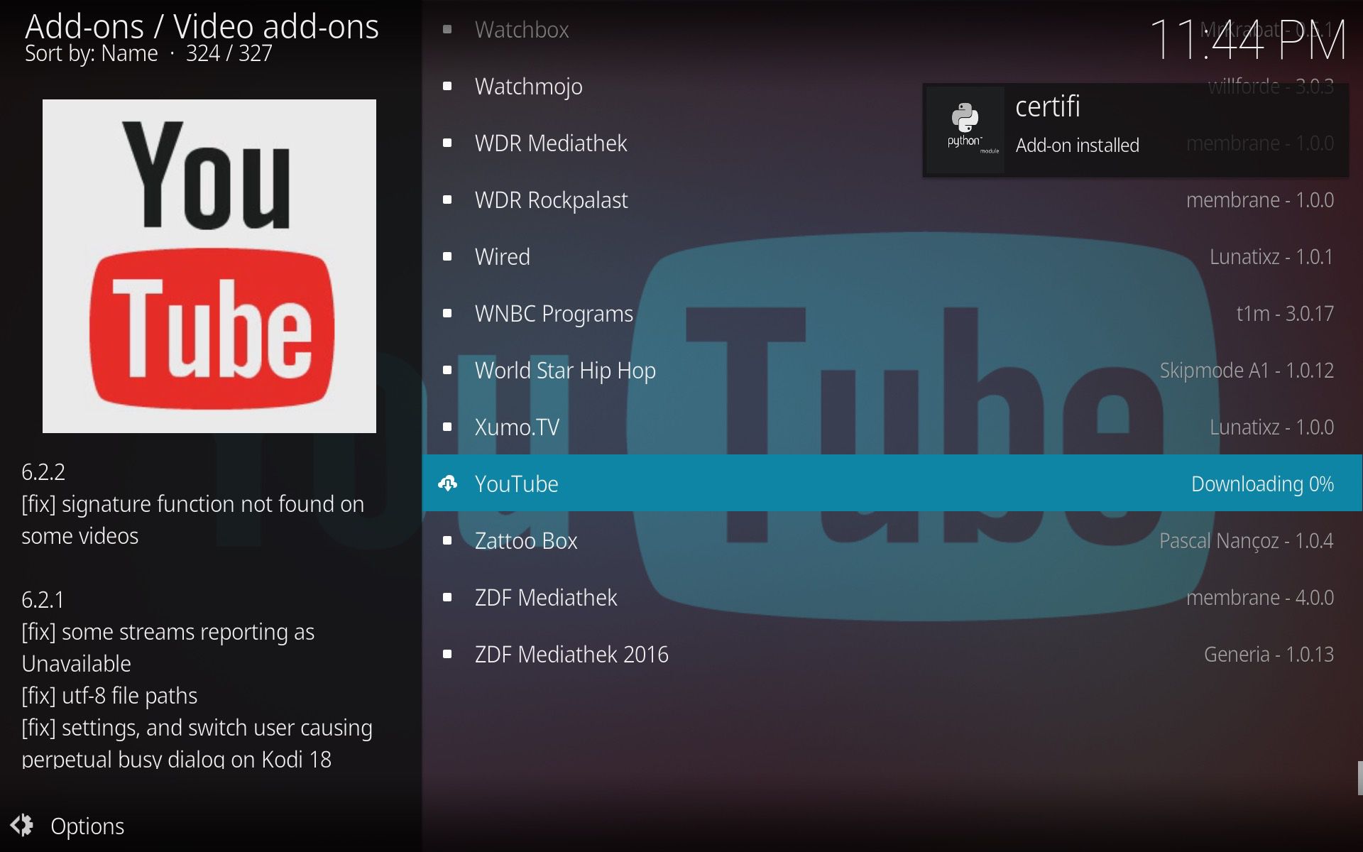 Snímek obrazovky Kodi Youtube