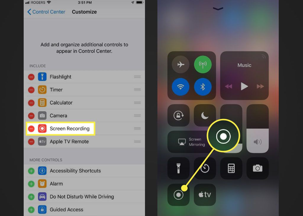 Možnost a tlačítko Záznam obrazovky v iOS