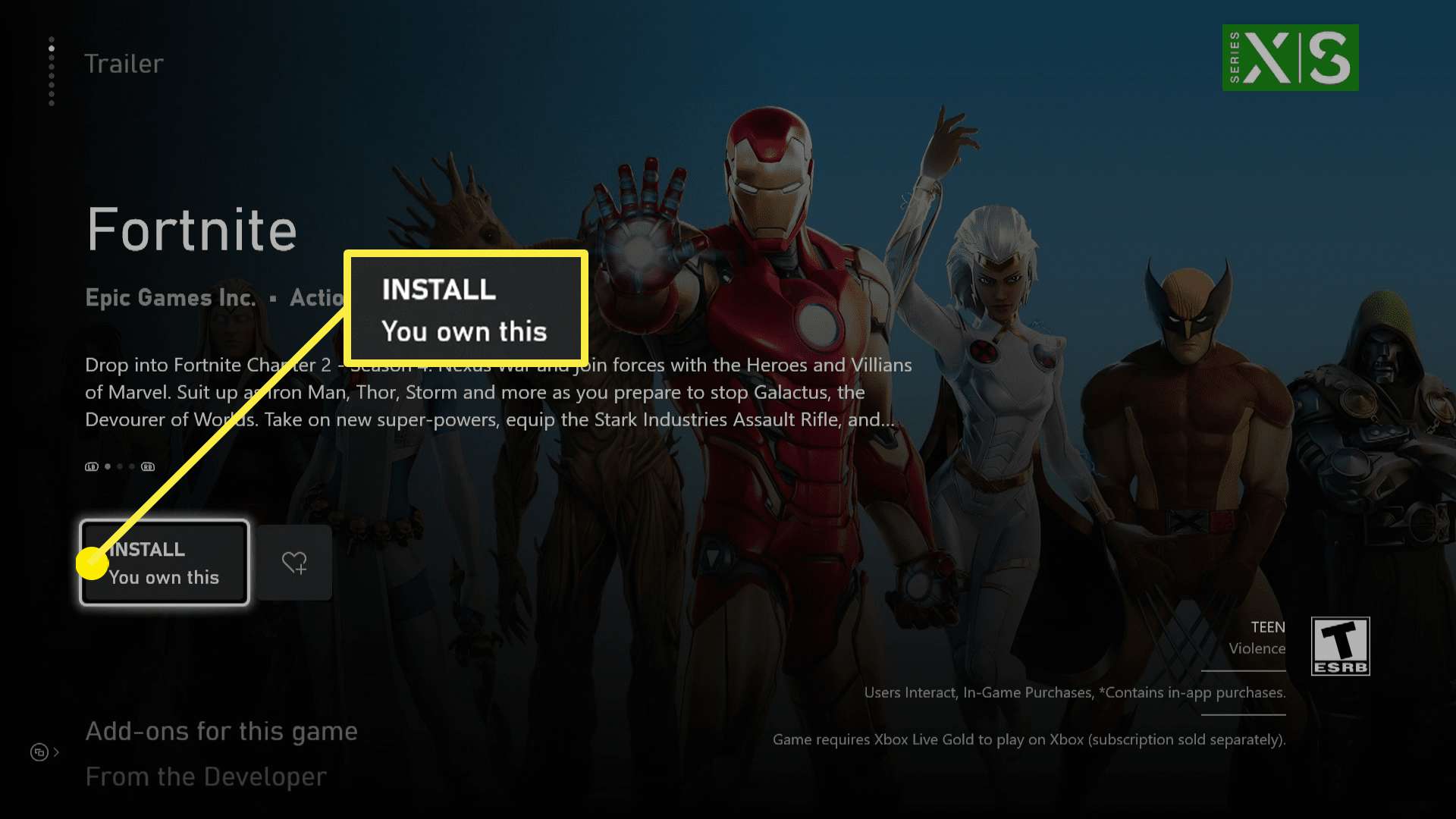 Možnost Instalovat pro Fortnite na Xbox X | S.