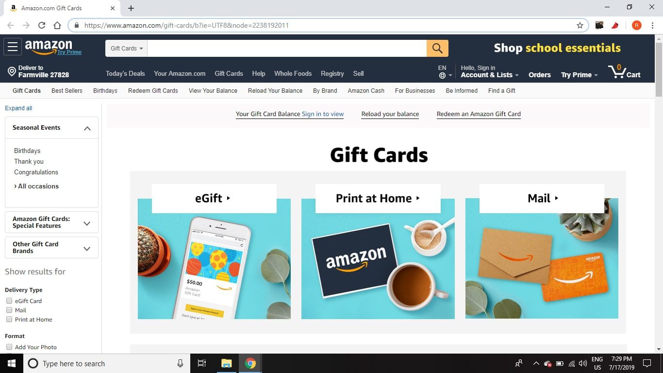 Přejděte na https://www.amazon.com/gift-cards/ a vyberte typ dárkové karty, kterou chcete zakoupit