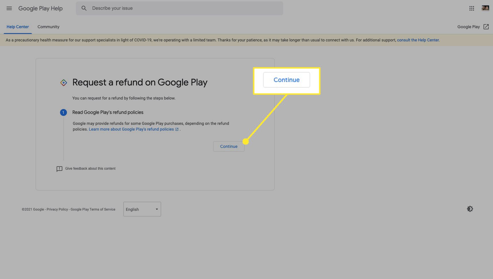 Stránka Žádost o vrácení peněz na Google Play se zvýrazněným Pokračovat