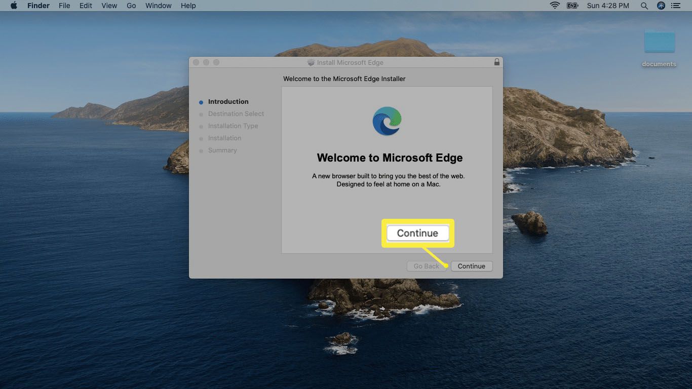 Snímek obrazovky instalačního programu Microsoft Edge pro Mac.