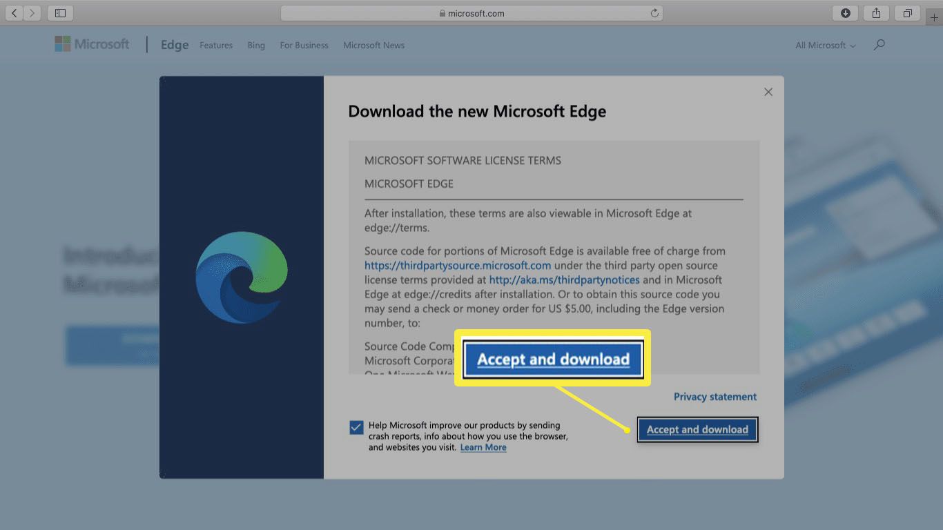 Snímek obrazovky s licenčními podmínkami Microsoft Edge pro Mac.