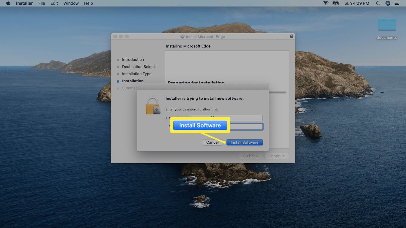 Snímek obrazovky s udělením povolení k instalaci v systému Mac.