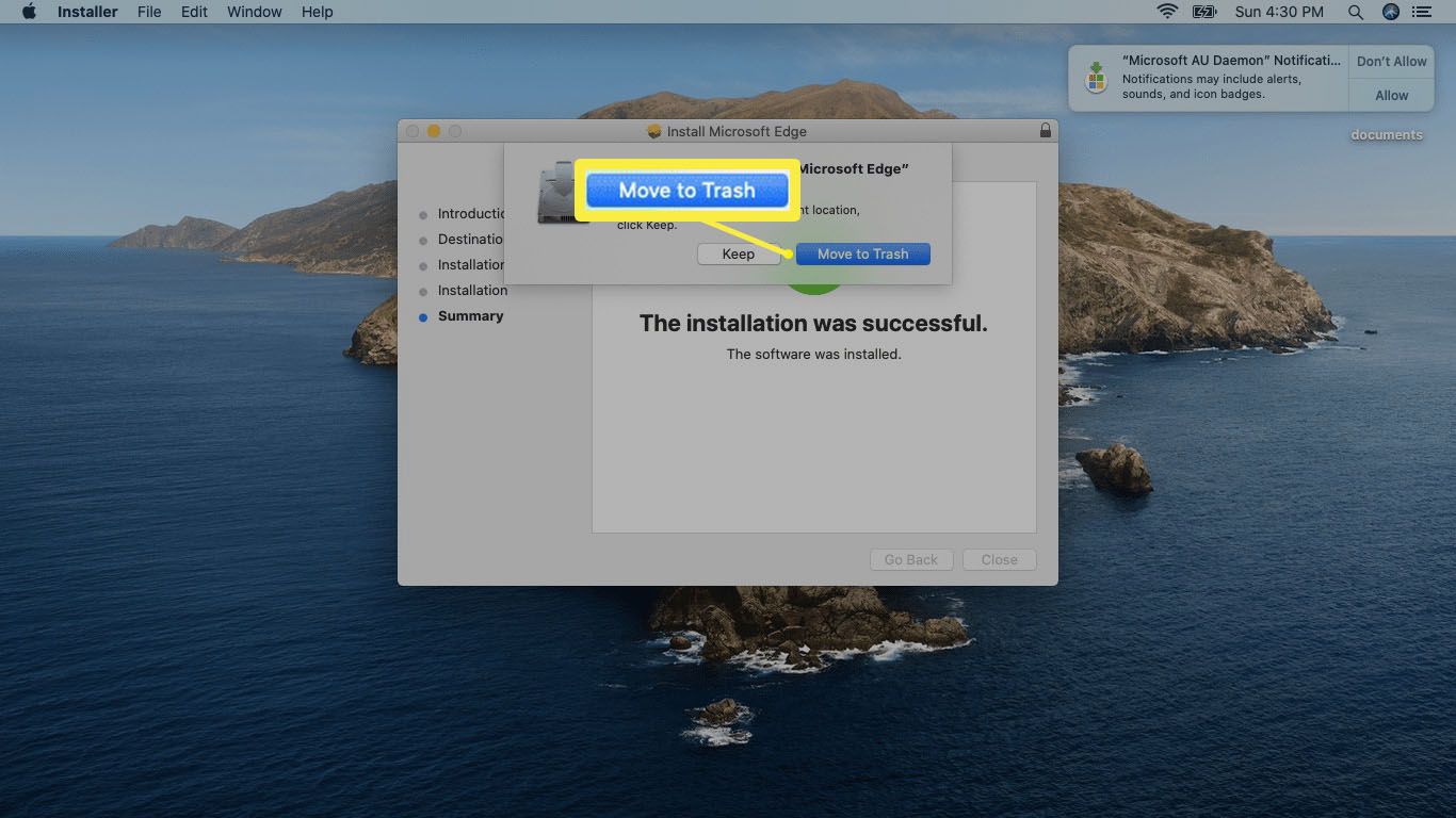 Snímek obrazovky s odstraněním instalačního programu Edge na Macu.