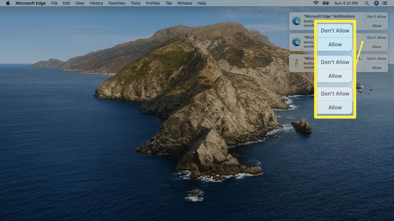 Snímek obrazovky s požadavky na povolení upozornění na Edge na Macu.