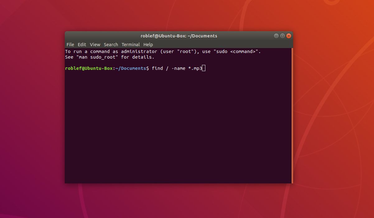 Terminál v Ubuntu Linux zobrazující příkaz „find / -name * .mp3“