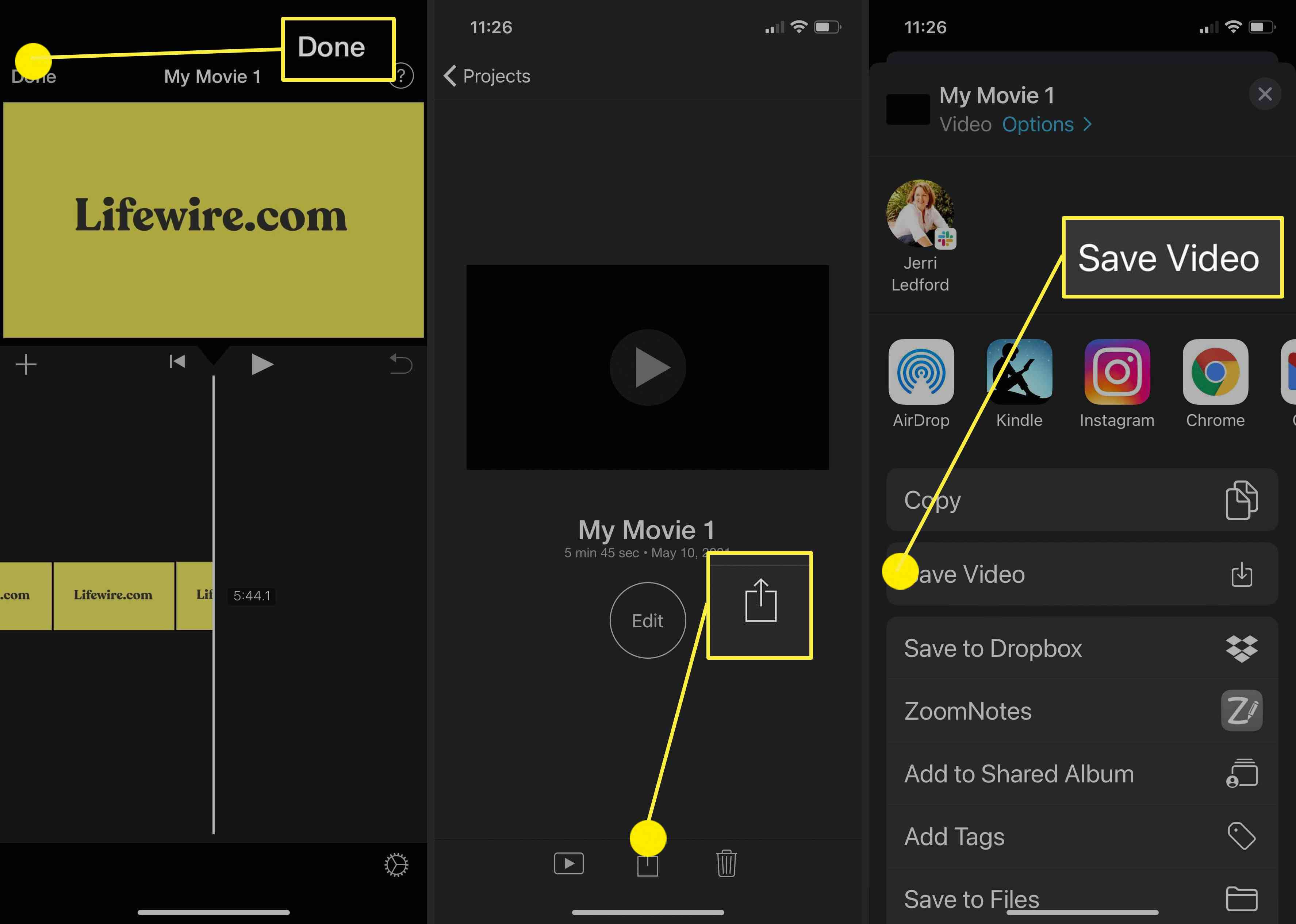 Screenshoty ukazující, jak uložit soubor MP4 z iMovie do aplikace Fotografie v iPhone.
