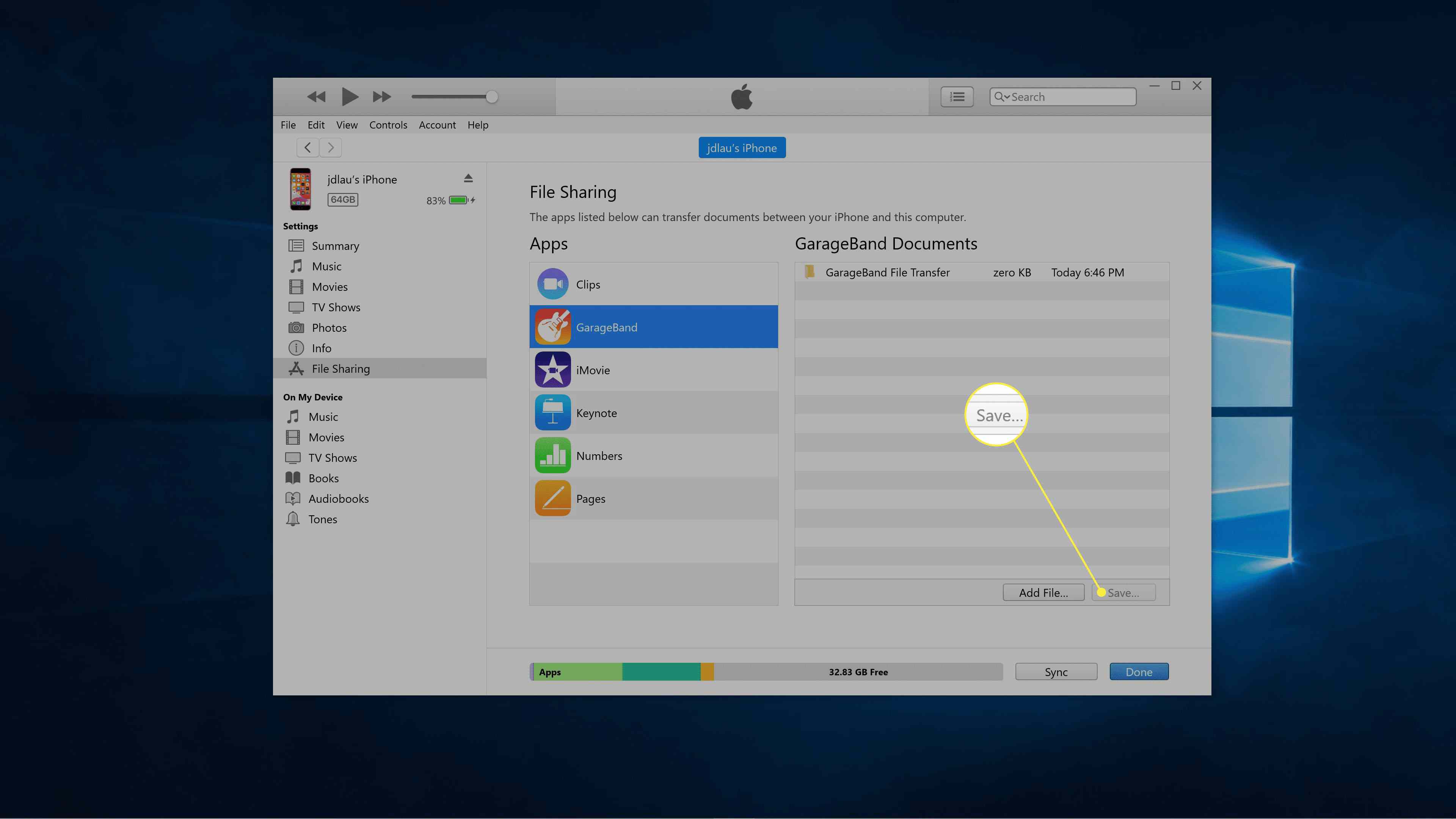V aplikaci iTunes je zvýrazněn File Transfer and Save.