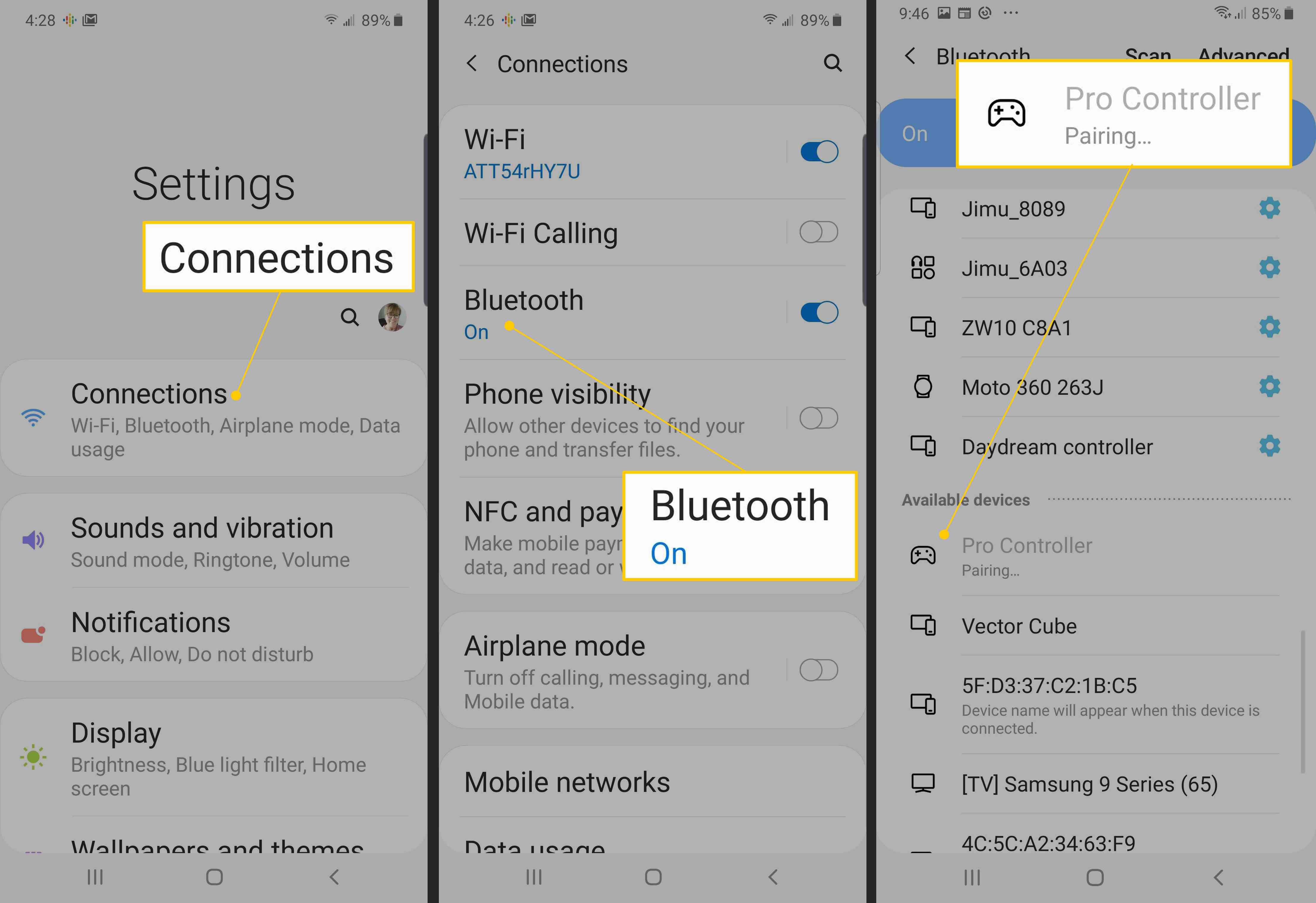 Připojení, Bluetooth, párování Pro Controller v nastavení systému Android