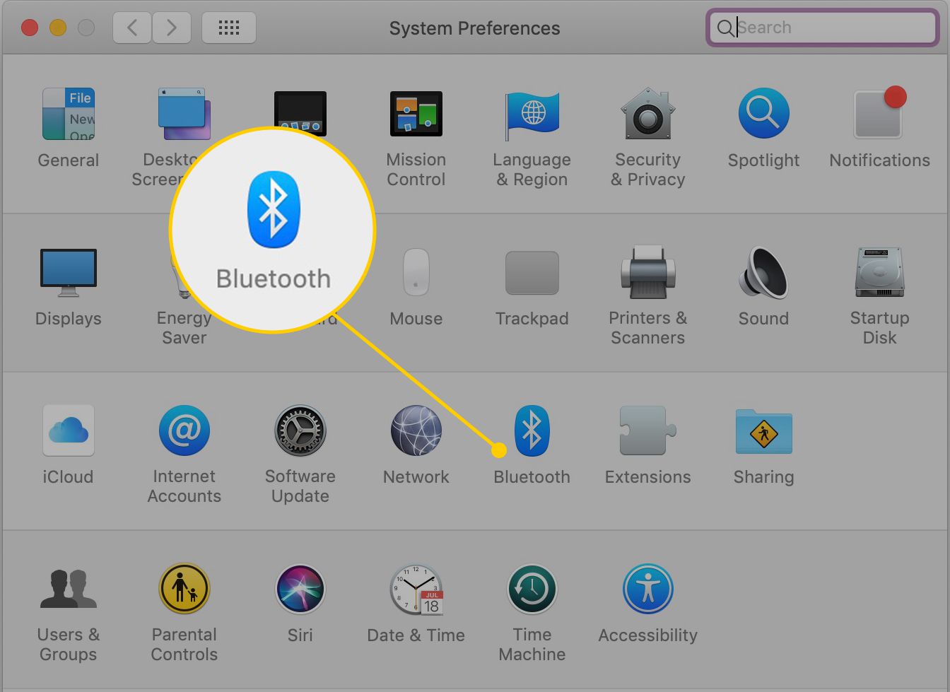 Ikona Bluetooth v Předvolbách systému v systému macOS