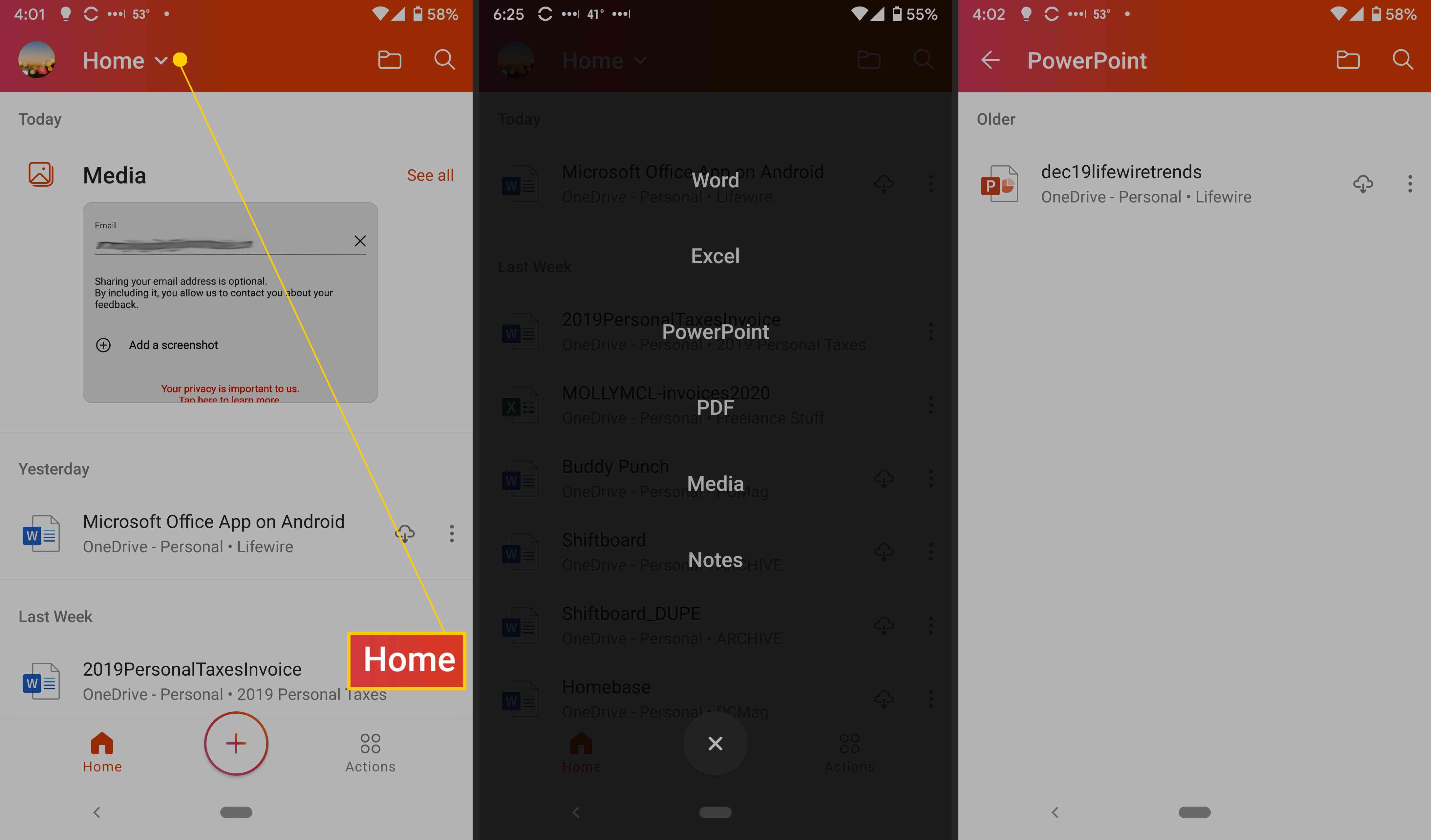 Možnosti tlačítka aplikace Android Office Home.