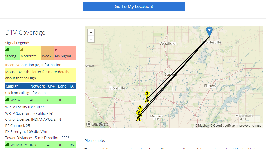 Screenshot mapy antény FCC OTA s vysílacími věžemi
