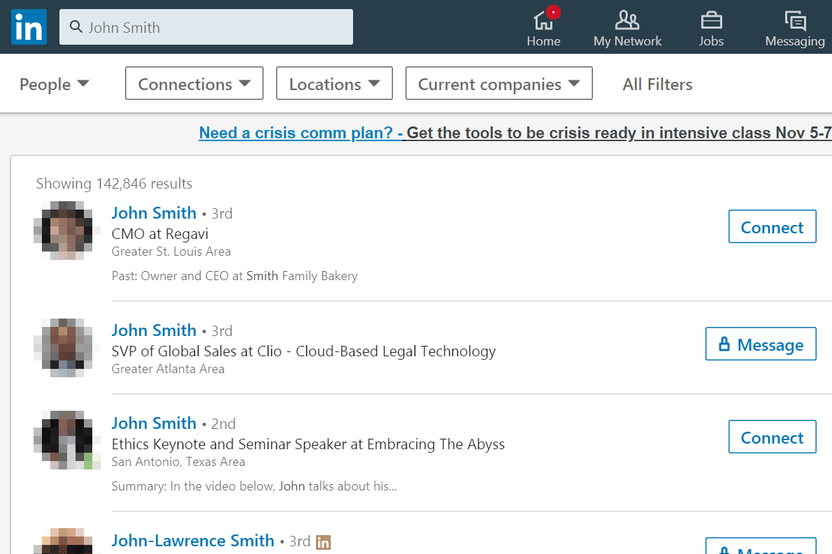 Výsledky hledání lidí na LinkedIn pro John Smith