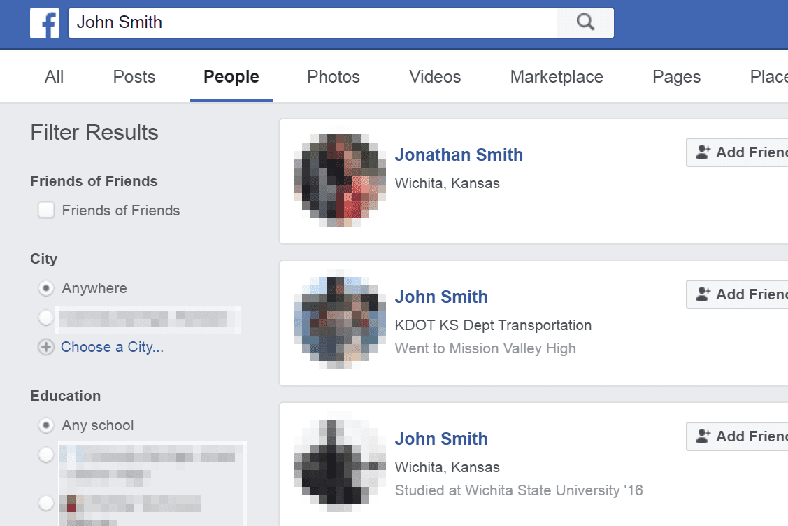Výsledky vyhledávání na Facebooku pro Johna Smitha