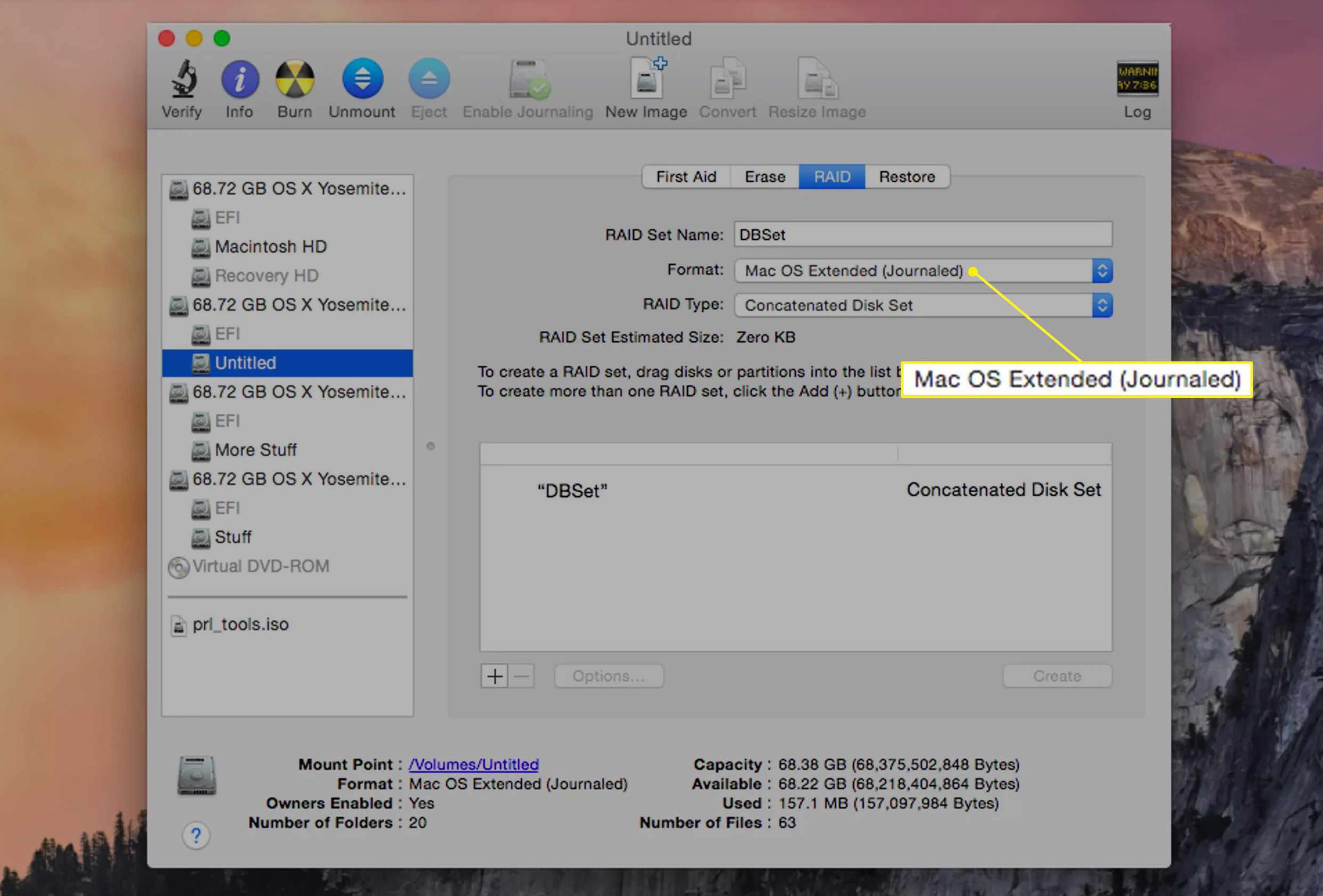 Mac OS Extended (Journaled) vybraný v nabídce Formát disku