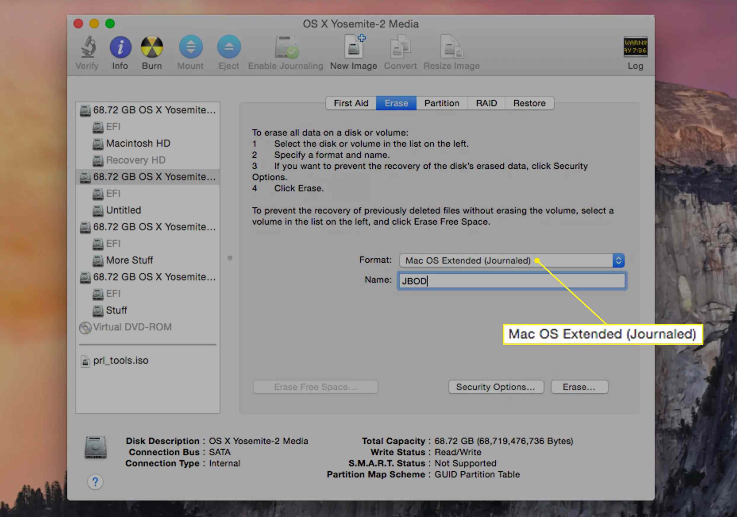Disk Utility s Mac OS Extended (Journaled) vybraný jako Format