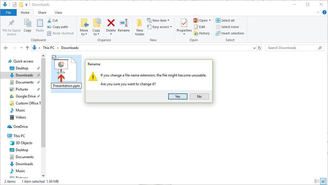 Screenshot změny názvu souboru v systému Windows 10