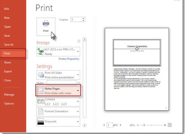 Screenshot nastavení tiskárny pro tisk poznámek reproduktorů PowerPoint bez miniatur snímků