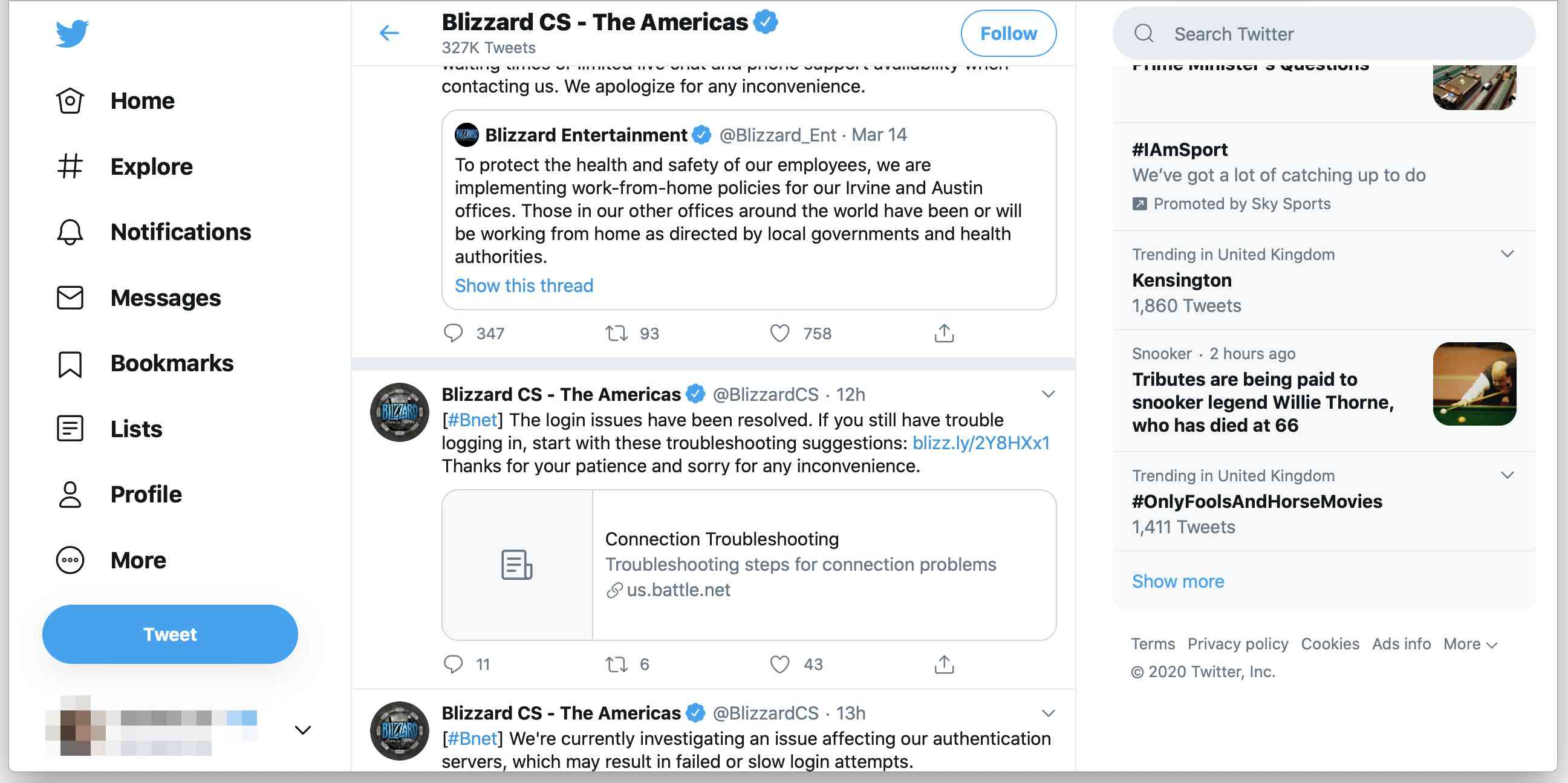 Účet zákaznické služby Blizzard na Twitteru