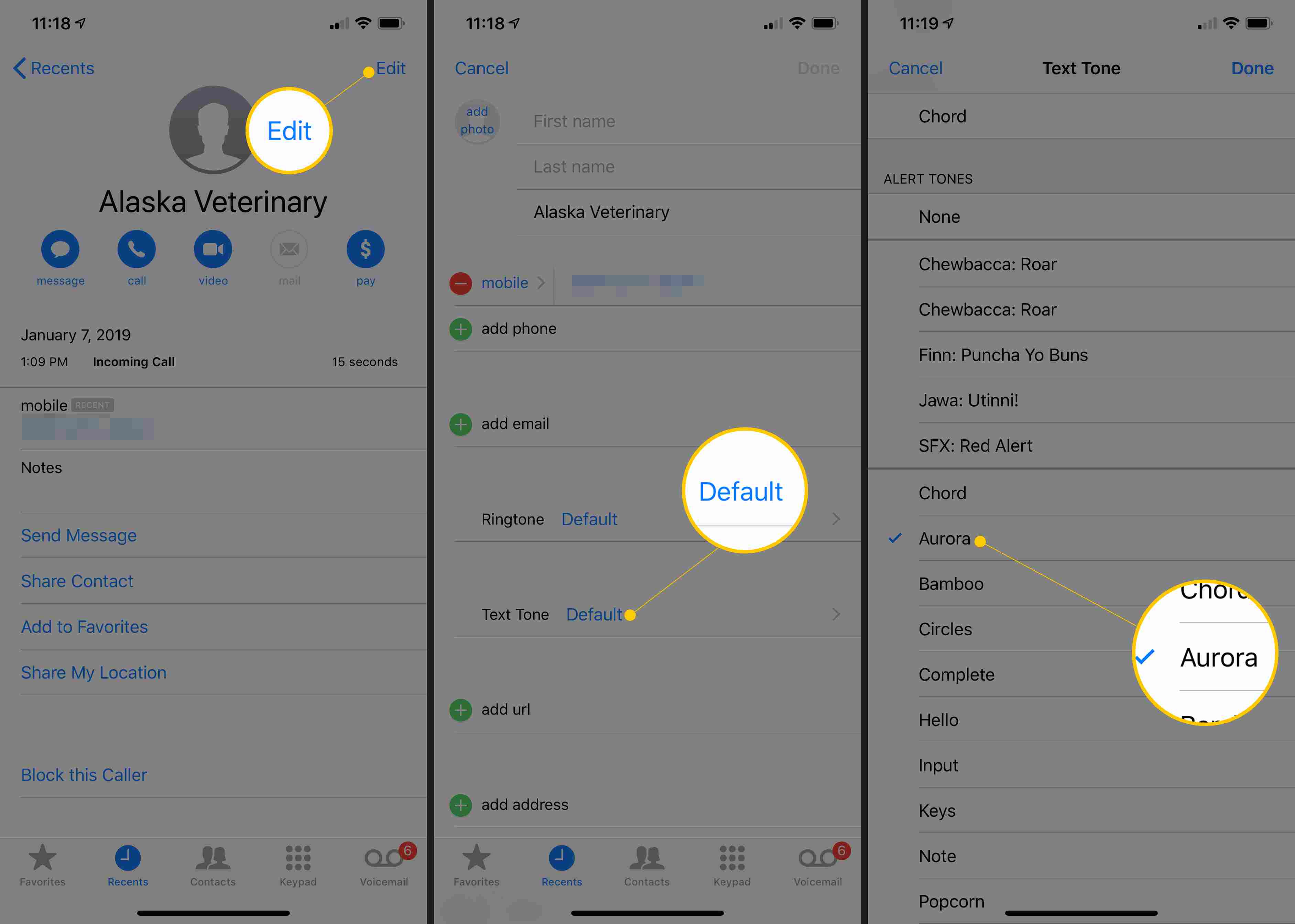 Upravte, výchozí a zvolený textový tón (Aurora) v nastavení kontaktů pro iOS