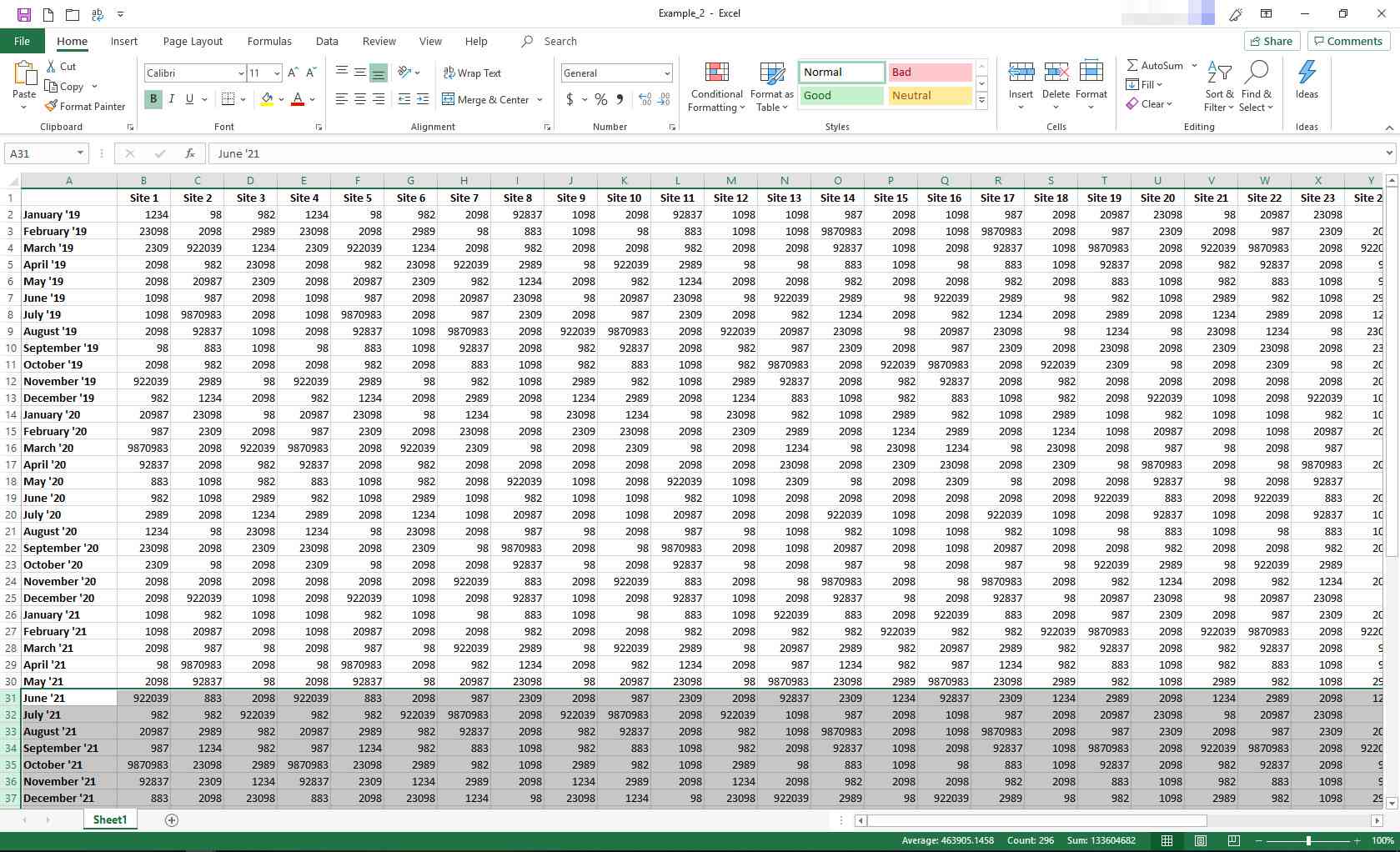 Excel s vybranými řádky 31 a níže