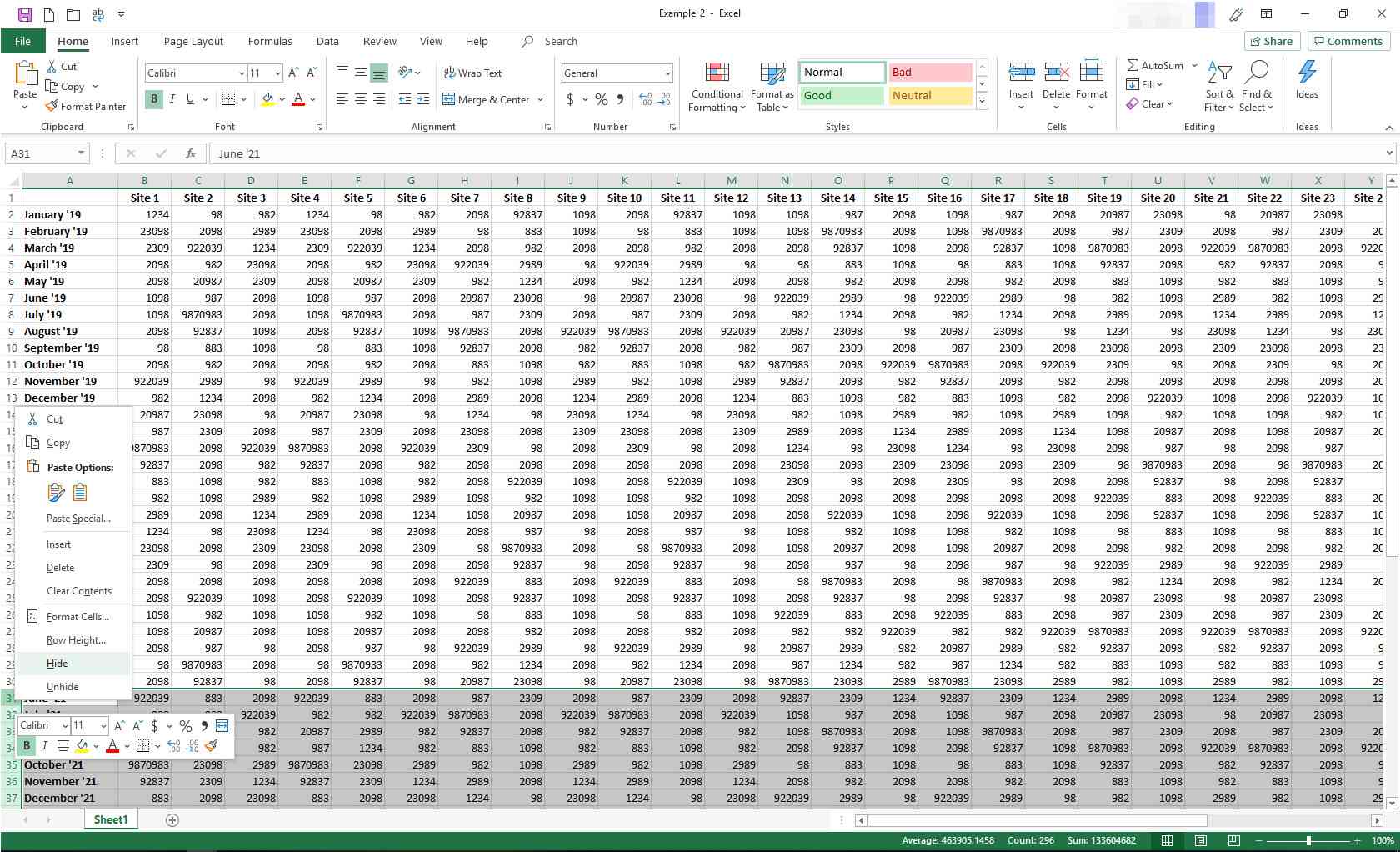 Excel se zobrazeným kontextovým menu