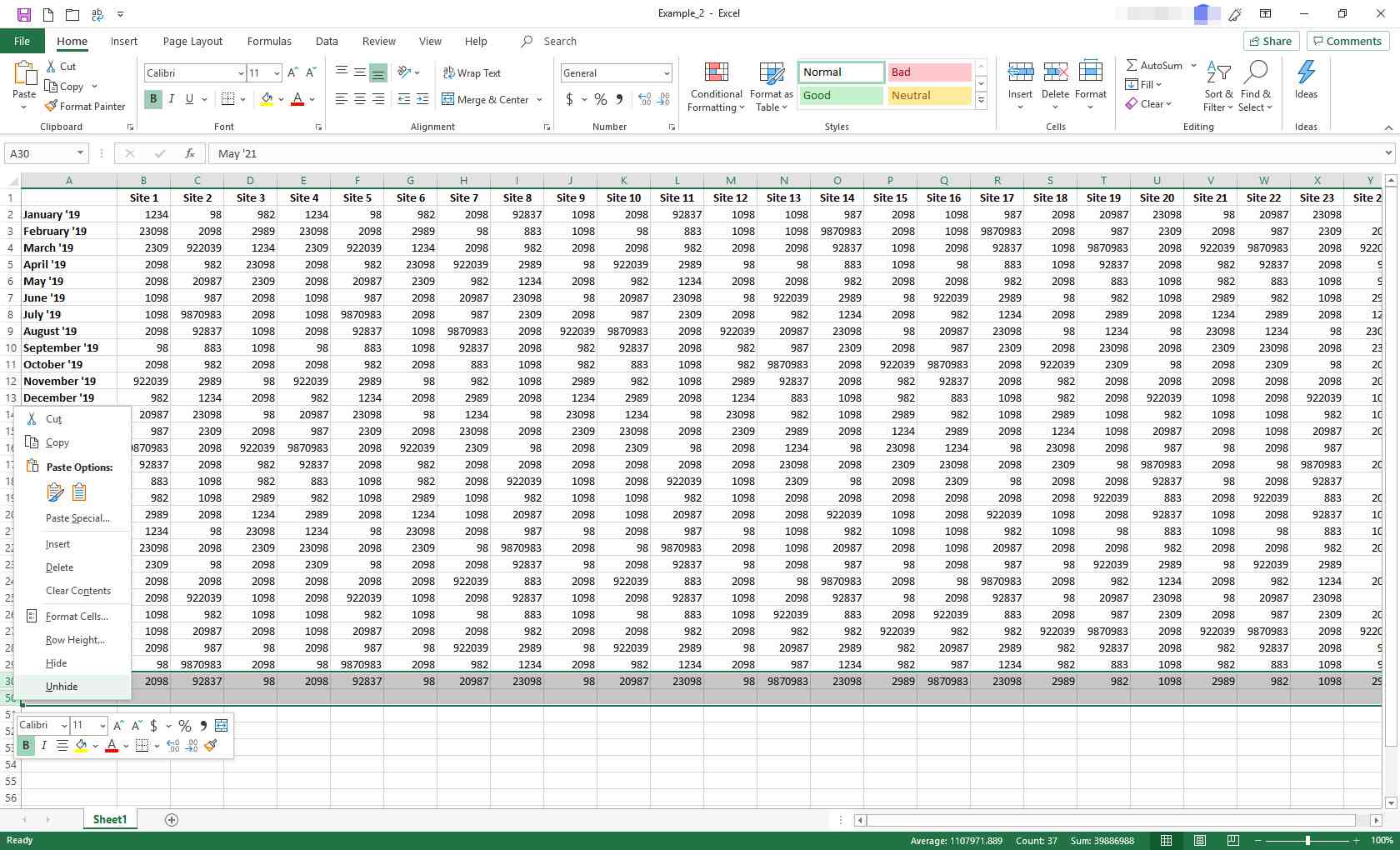 Excel se zobrazeným kontextovým menu