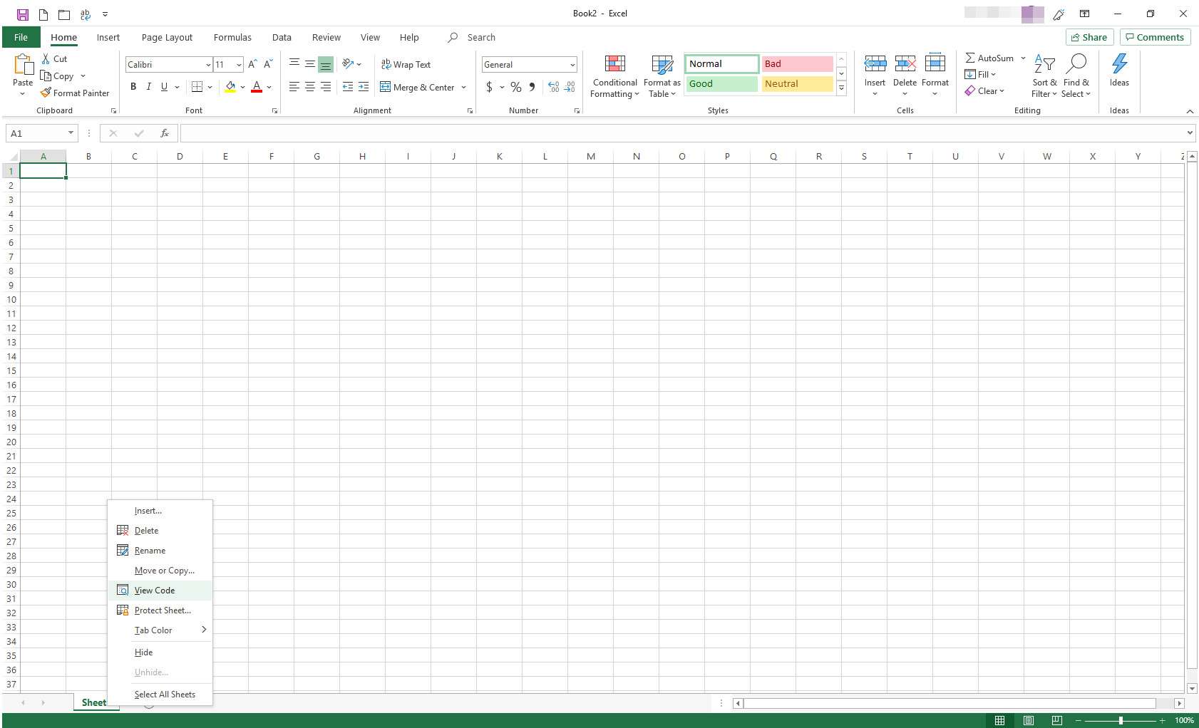 Excel se zobrazenou nabídkou záložek