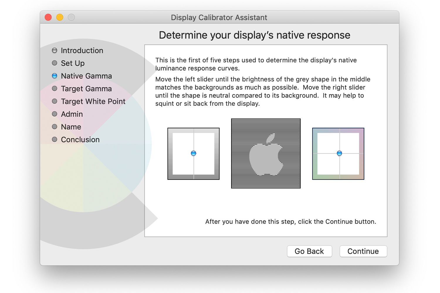 Nativní gamma obrazovka v Display Calibrator na Macu