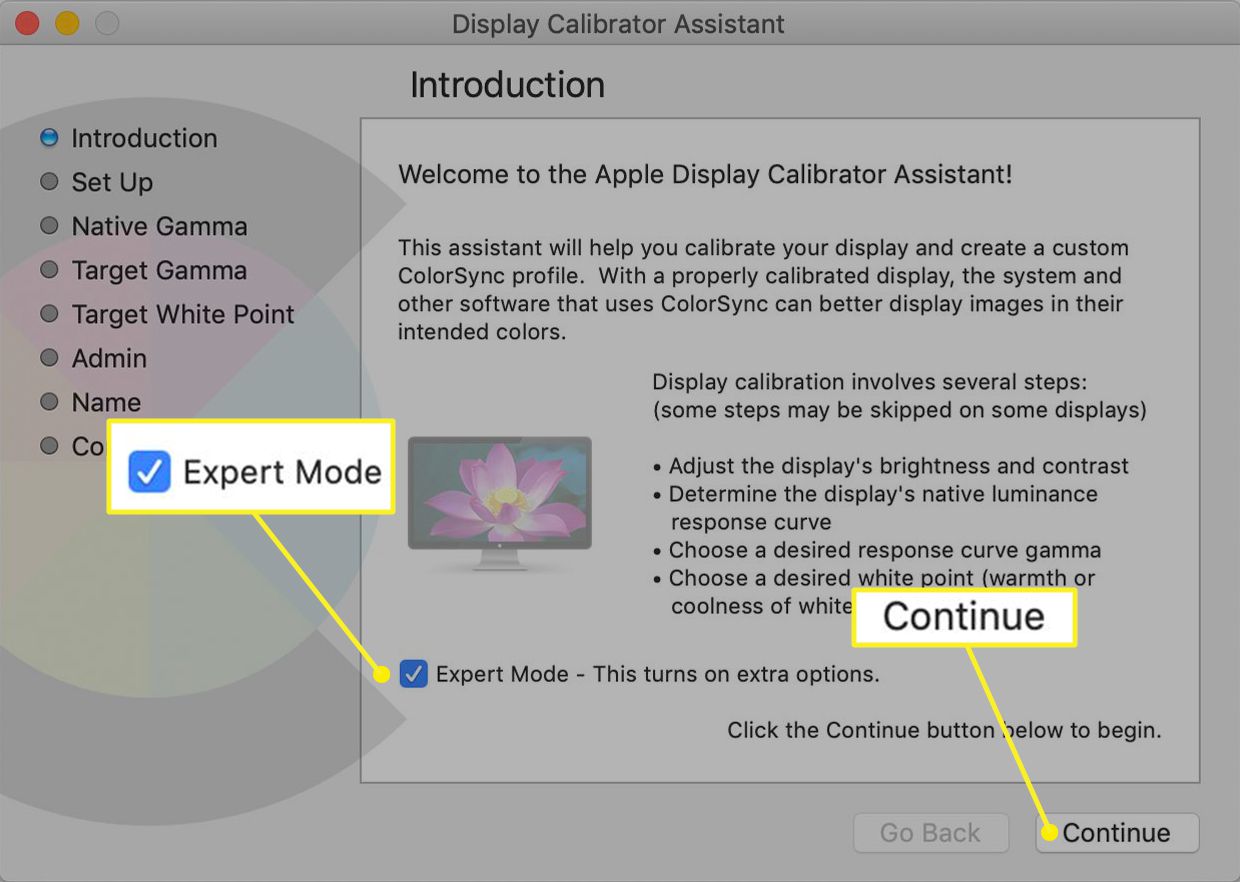 Zobrazit úvodní obrazovku asistenta kalibrátoru s vybraným režimem Expert