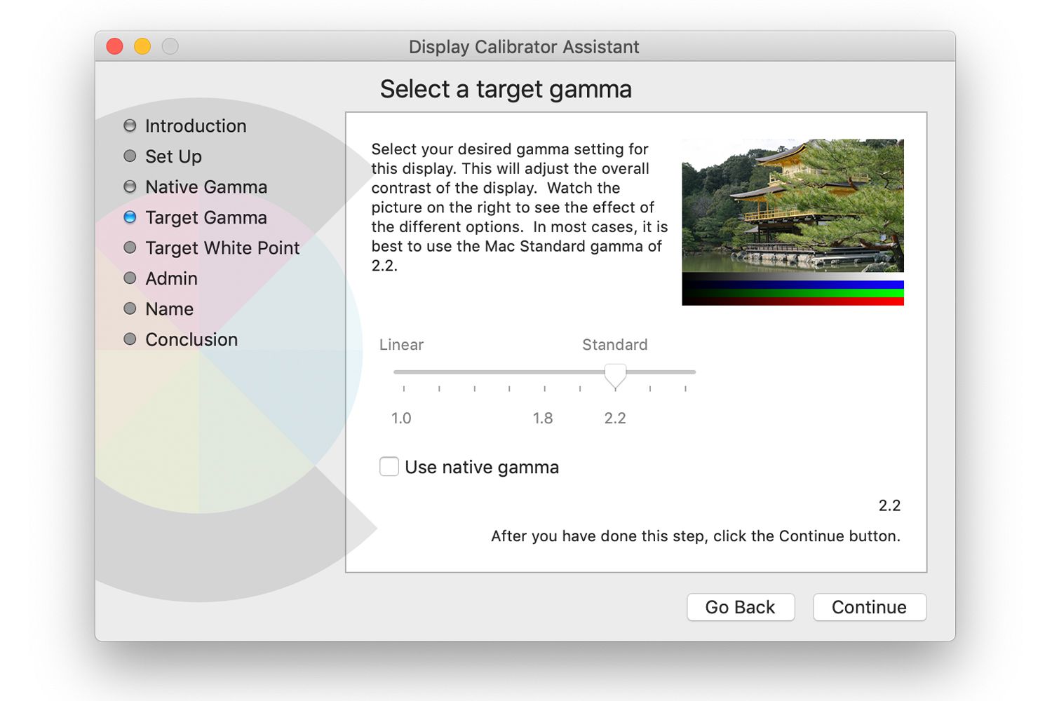 Obrazovka Target Gamma v předvolbách systému Mac