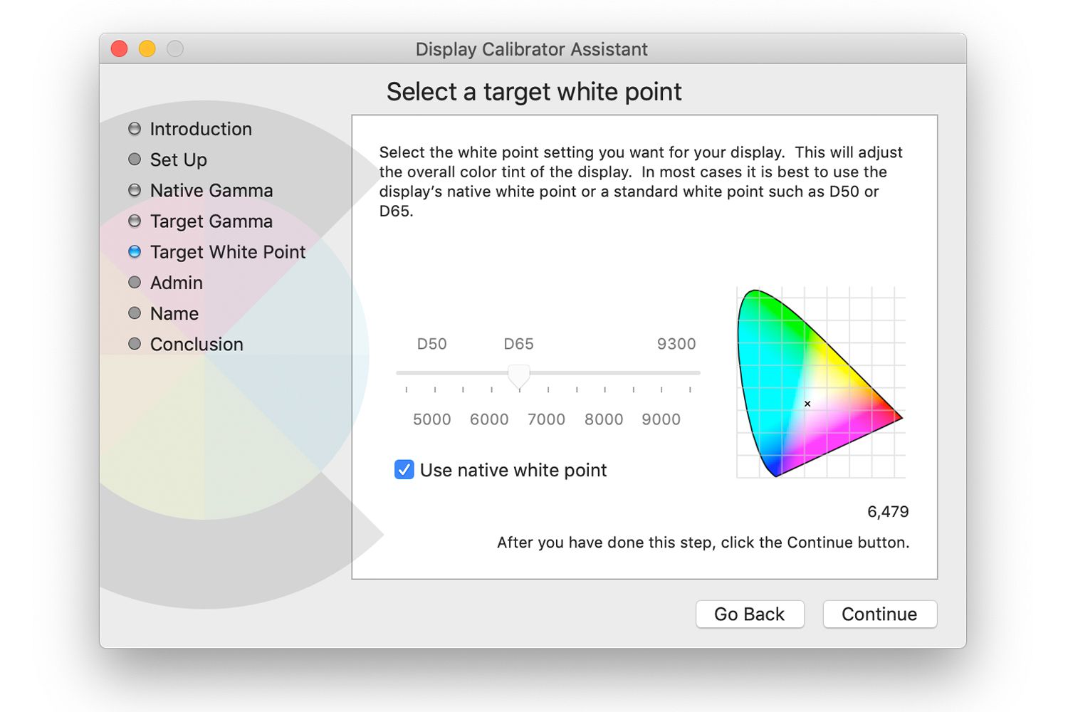 Zaměřte obrazovku výběru bílého bodu na počítači Mac