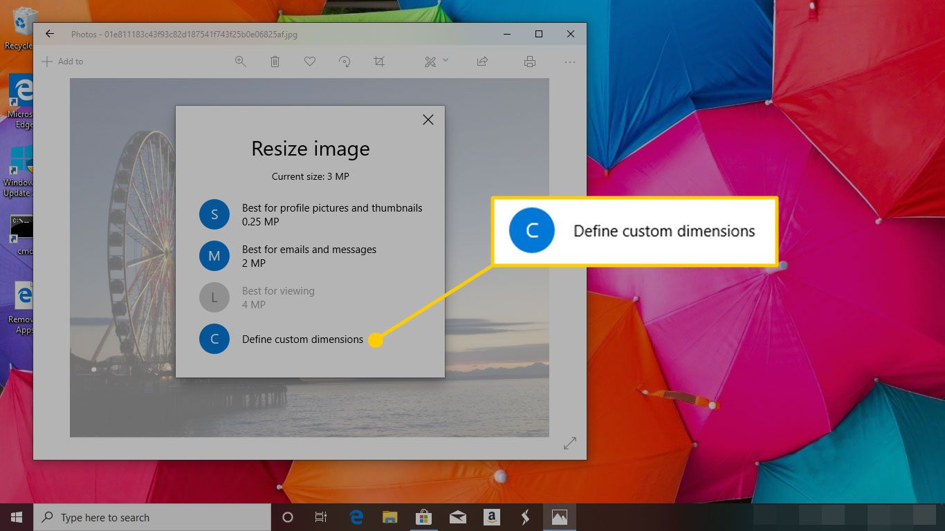 Změňte velikost obrázku ve Photos pro Windows 10 se zvýrazněnou možností Definovat vlastní rozměry