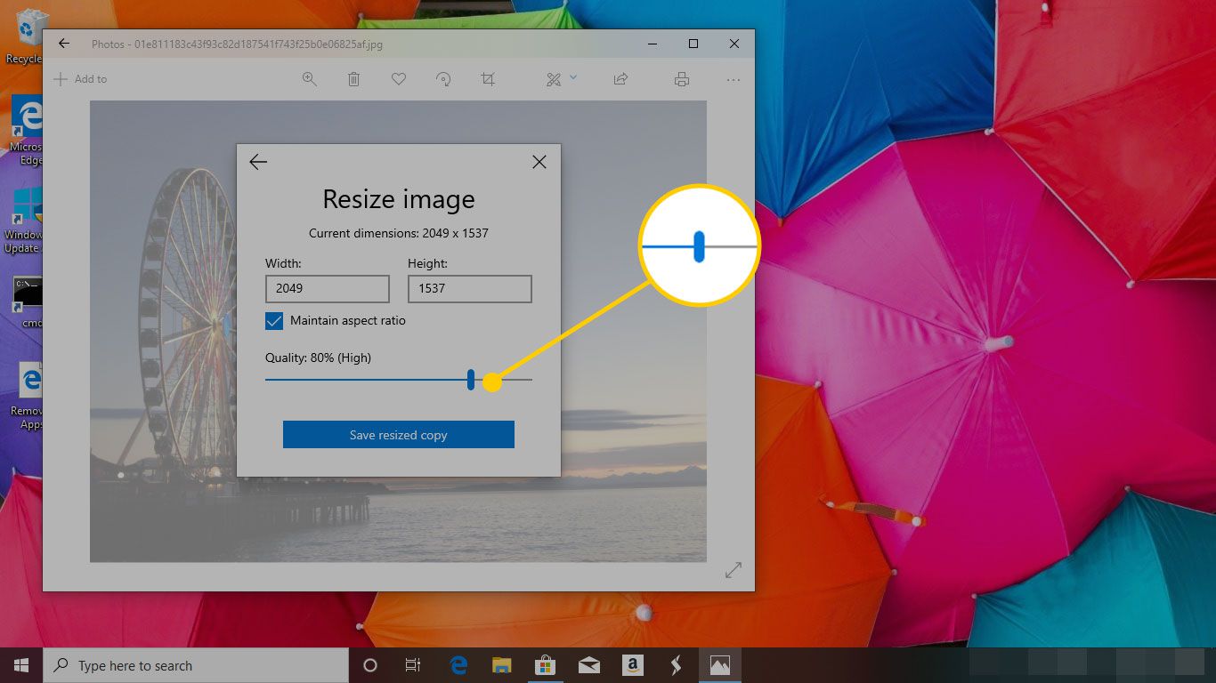 Posuvník kvality v okně Změnit velikost obrázku u fotografií ve Windows 10