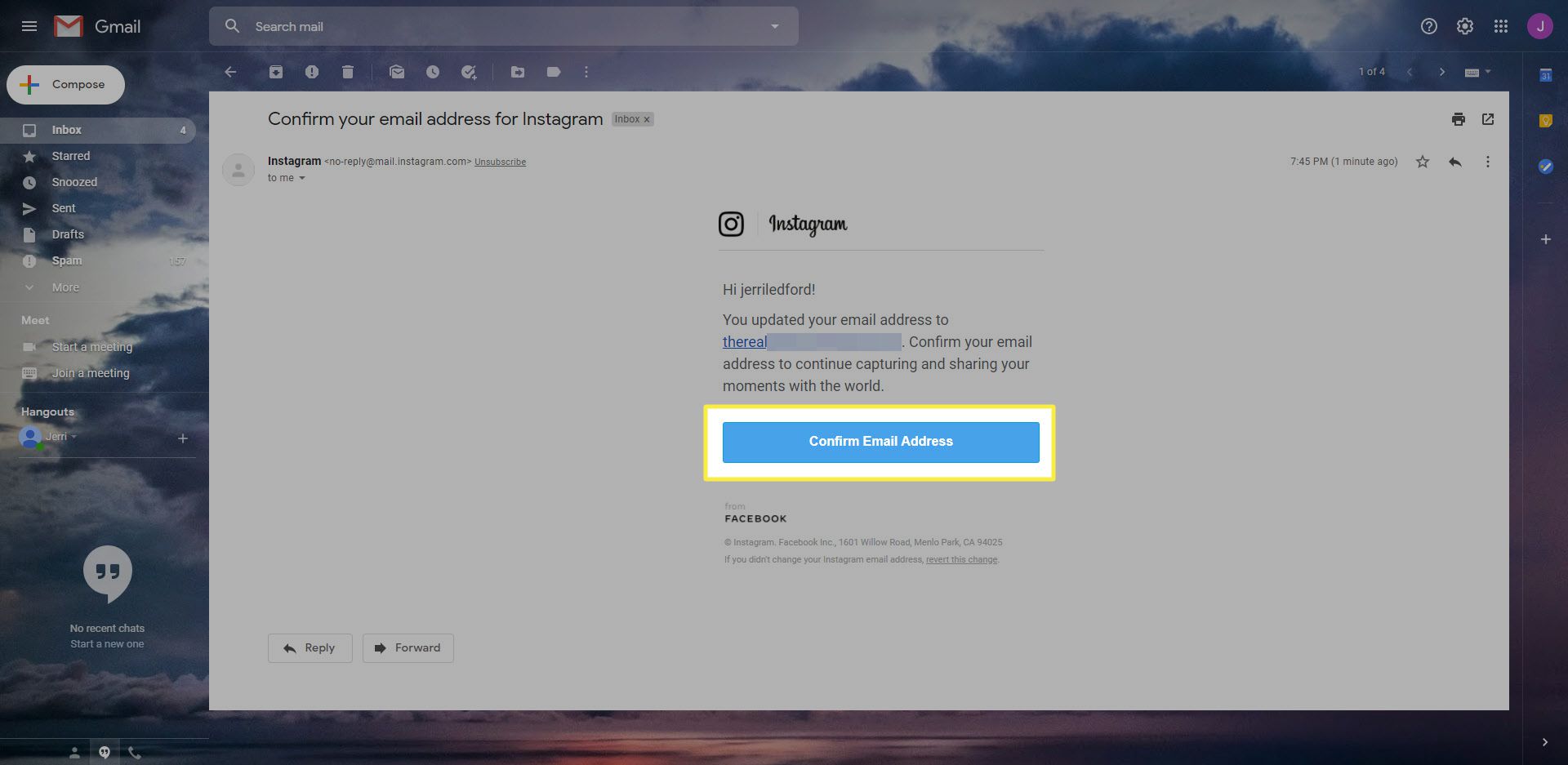 Potvrzovací e-mail od Instagramu při změně e-mailové adresy.