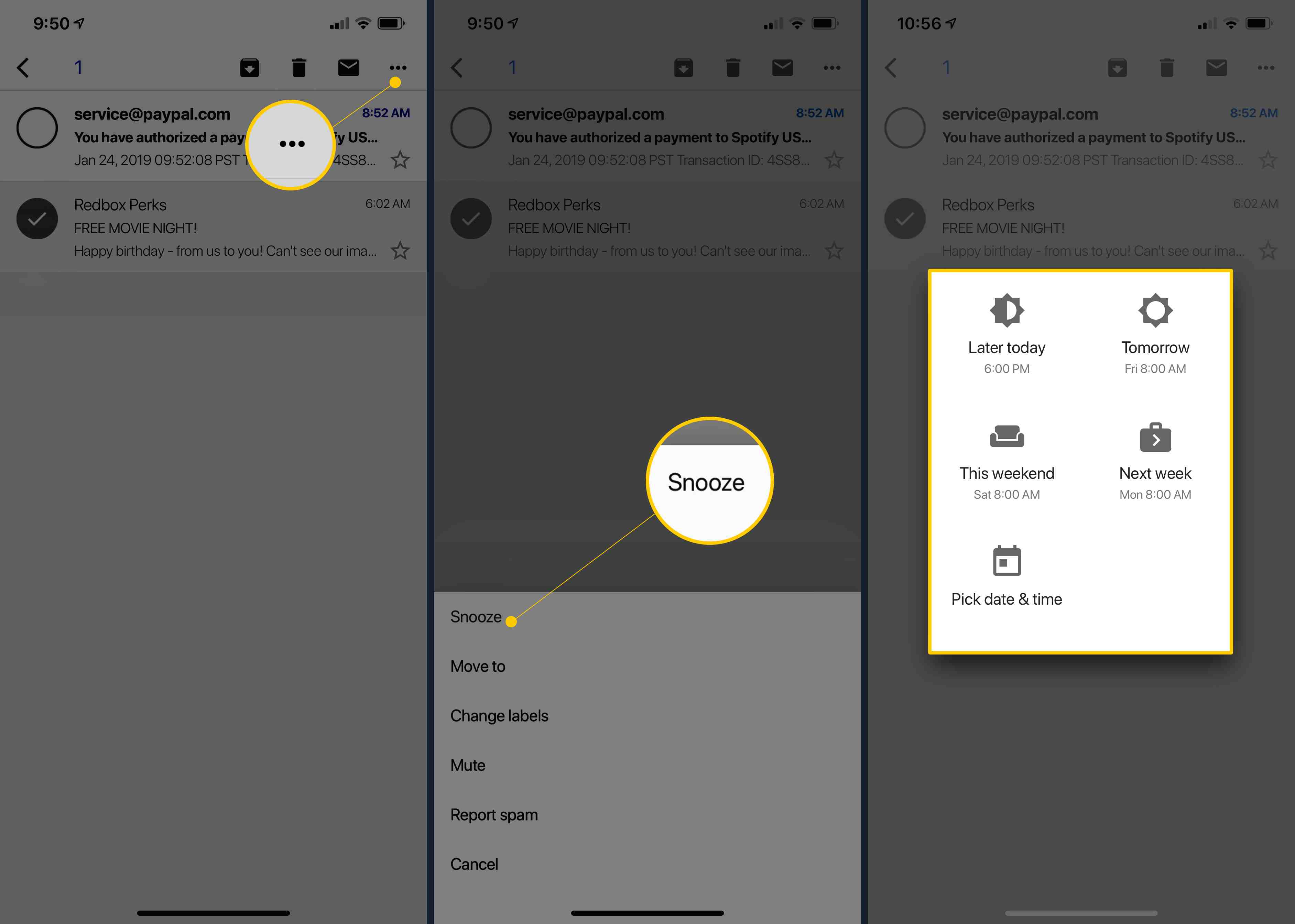 Tři obrazovky iOS zobrazující tlačítko nabídky Gmail, tlačítko Odložit a obrazovka možností odložení