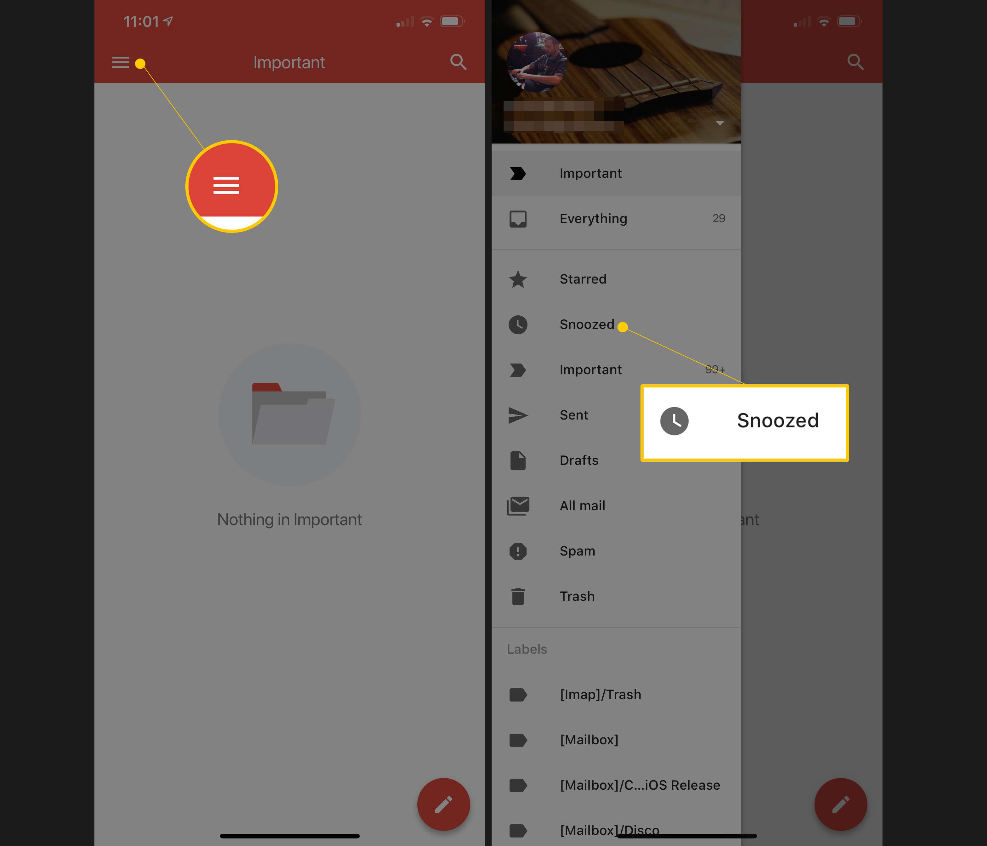 Dvě obrazovky iOS zobrazující tlačítko nabídky Gmail a kategorii Odloženo