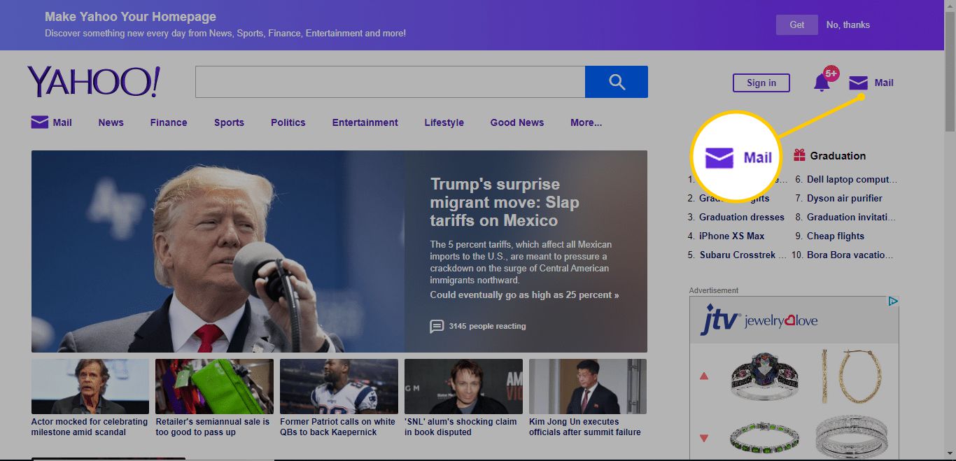 Tlačítko Pošta pro Yahoo na webu