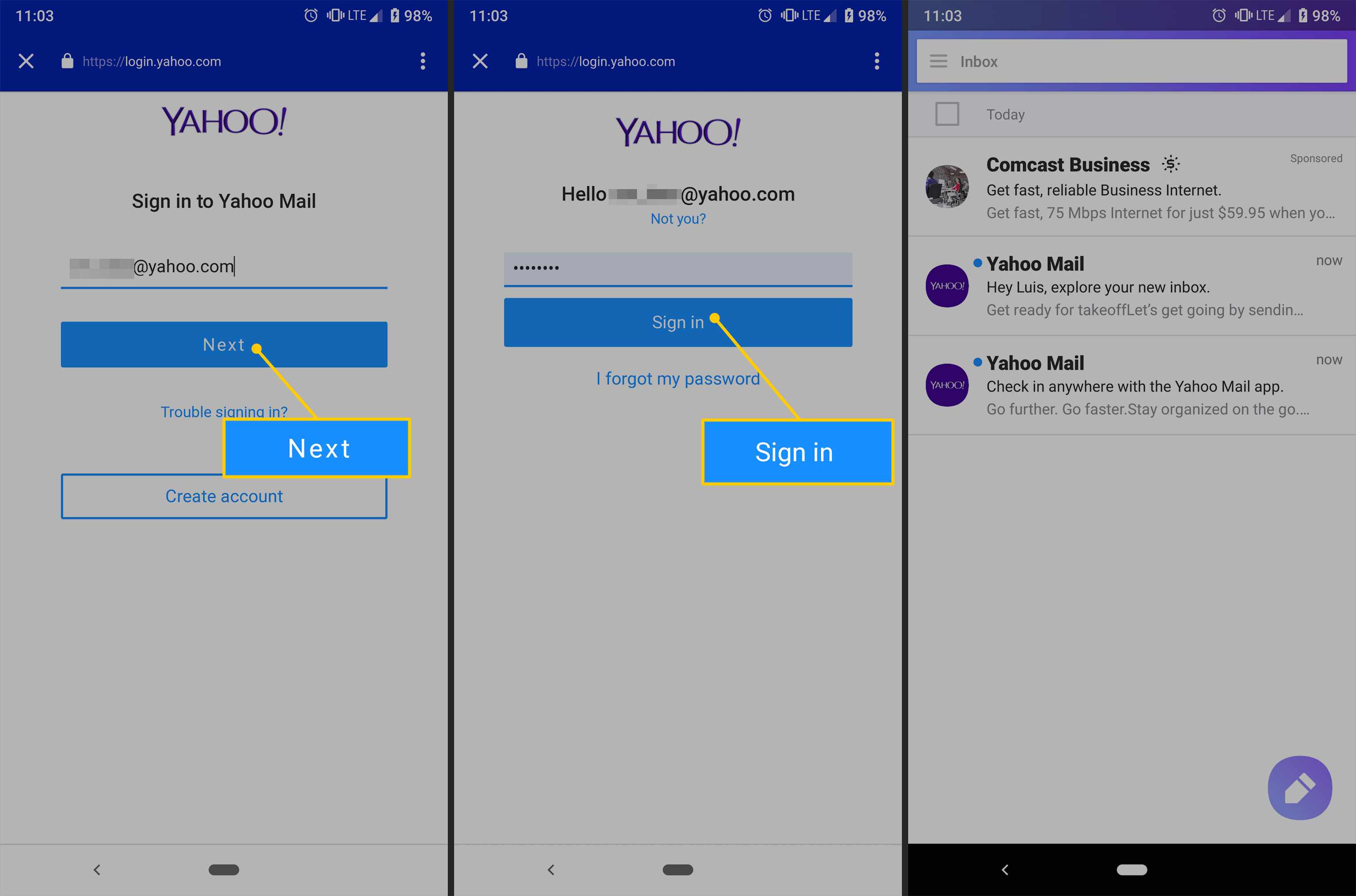 Dále se přihlaste, rozhraní Yahoo Mail v systému Android