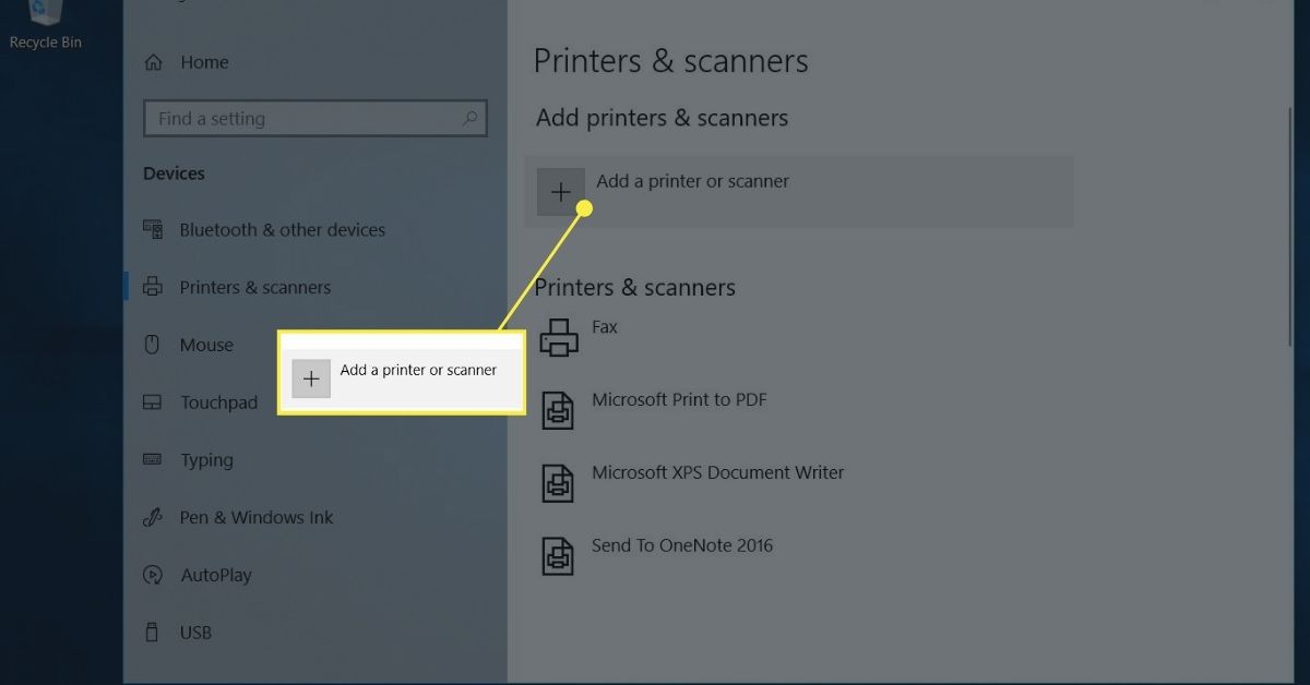 Nastavení tiskáren a skenerů pro přidání tiskárny do notebooku se systémem Windows 10