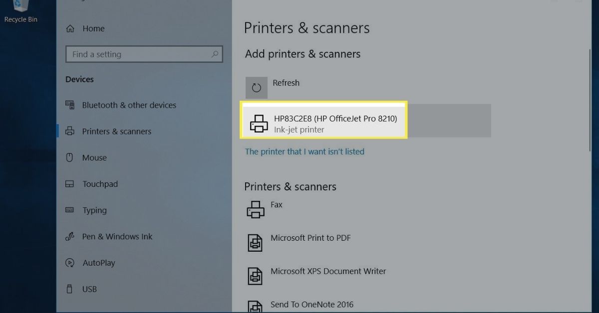 Výběr tiskárny v části Tiskárny a skenery ve Windows 10