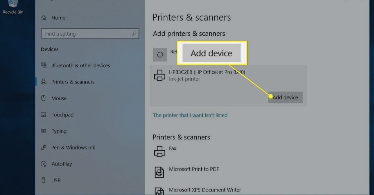 Tlačítko Přidat zařízení v části Tiskárny a skenery