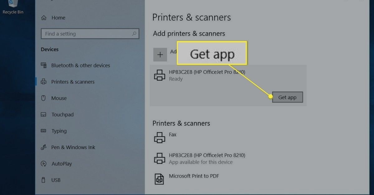 Získejte tlačítko aplikace v části Tiskárny a skener