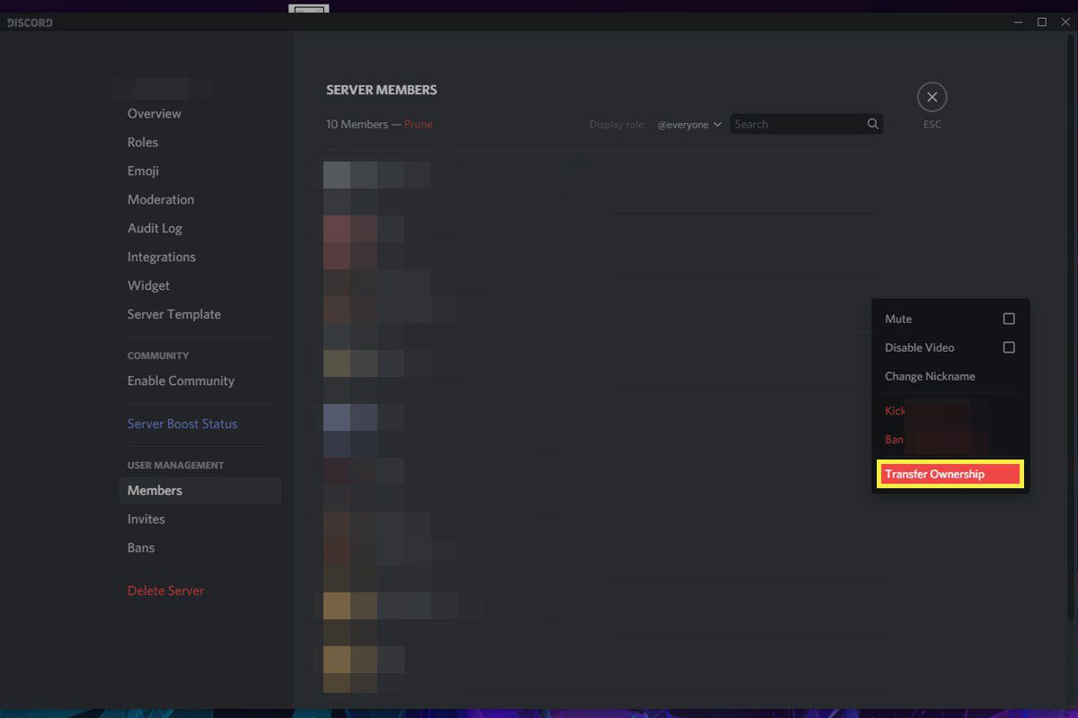 Tlačítko Převést vlastnictví v Discordu.